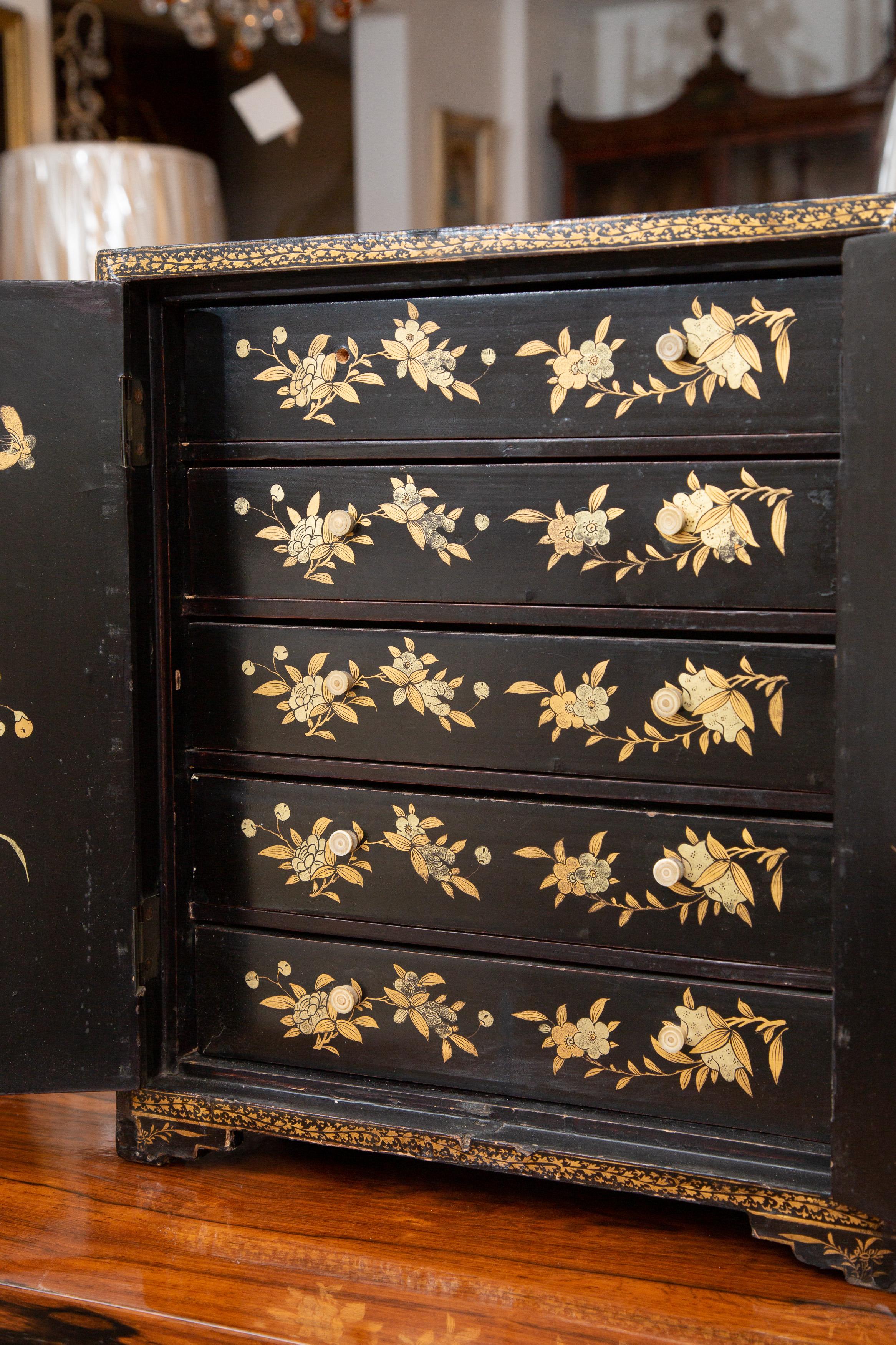 Miniature English Lacquered Chinoiserie Table Cabinet.  2