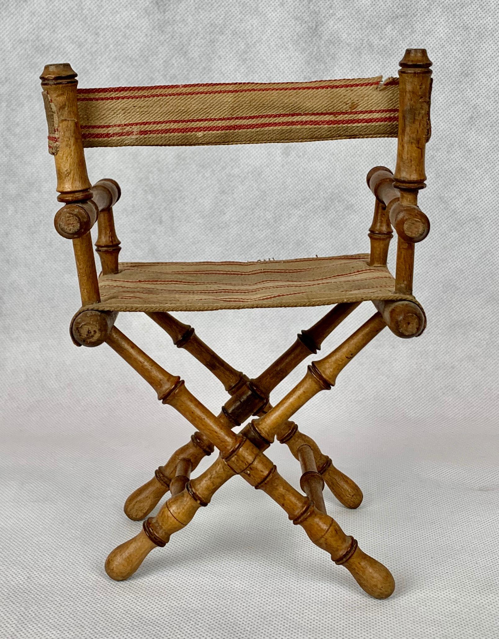 Faux Bamboo French Director's Armchair in Miniature with Original Fabric In Good Condition In West Palm Beach, FL