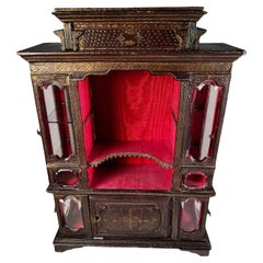 Miniature Florentine Leather Cabinet with Gold Engraving and Beveled Glass