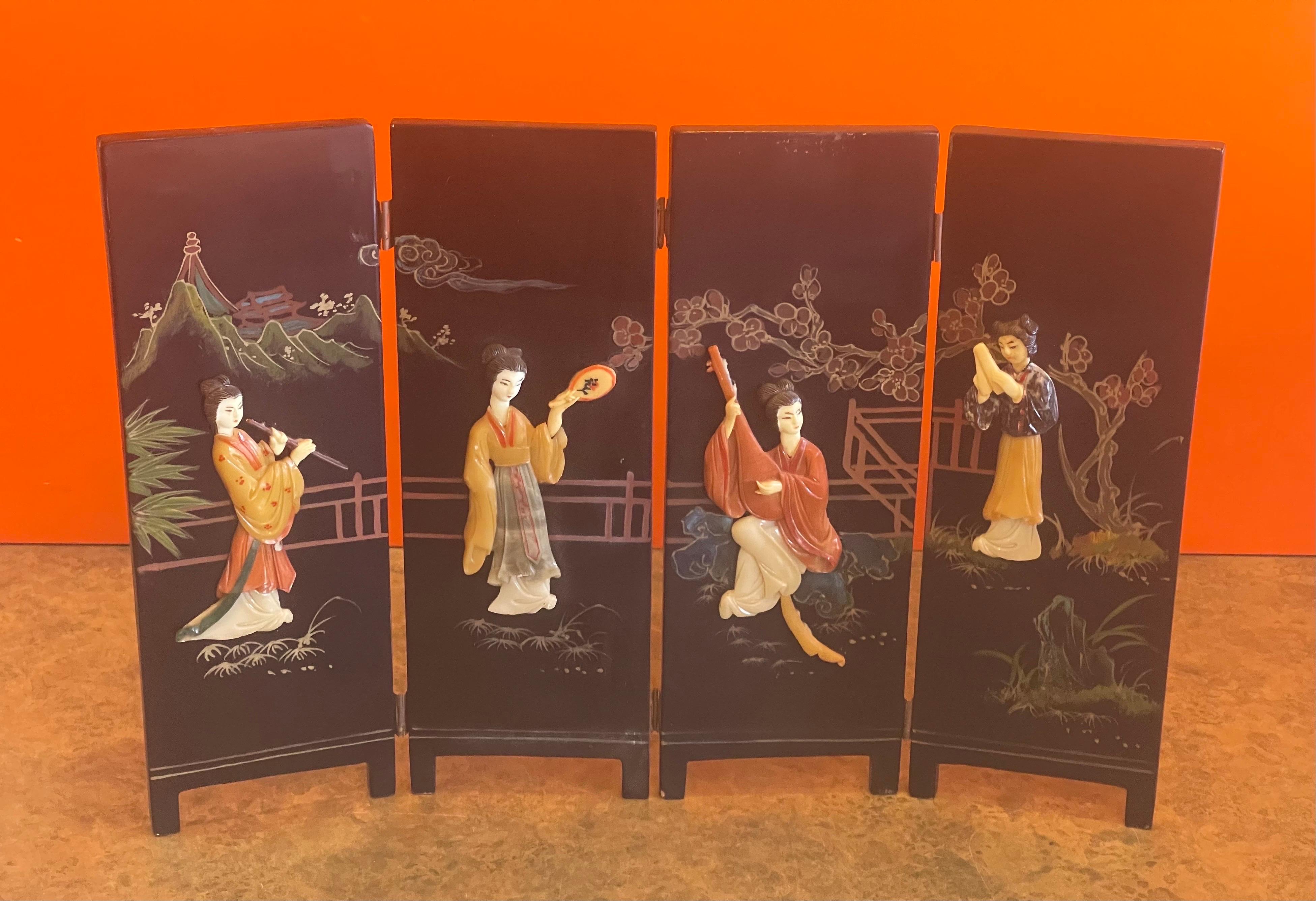 Wood Miniature Four Panel Asian Figurine Folding Screen For Sale