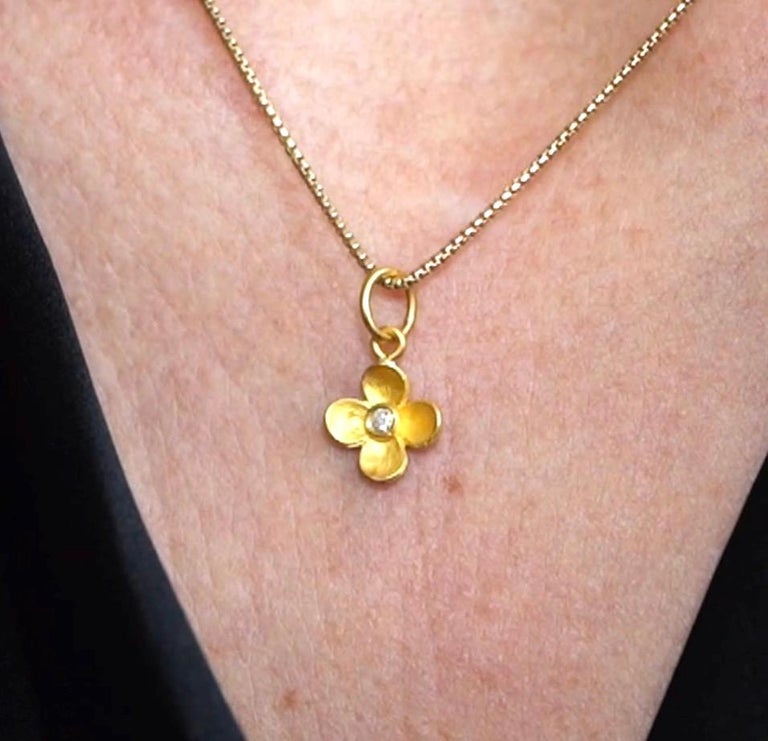 Miniature FourPetal Flower Charm Pendant Necklace with Center Diamond