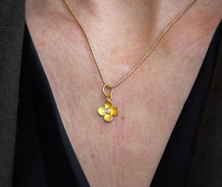 Miniature FourPetal Flower Charm Pendant Necklace with Center Diamond