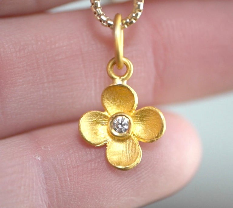 Miniature FourPetal Flower Charm Pendant Necklace with Center Diamond