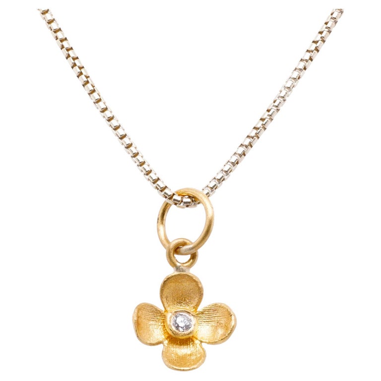 Miniature FourPetal Flower Charm Pendant Necklace with Center Diamond