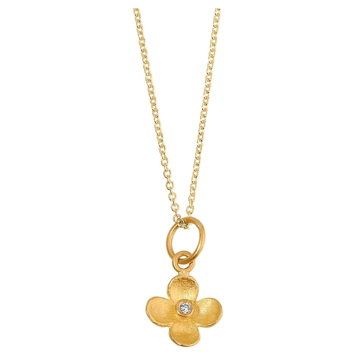 Miniature Four-Petal Flower Charm Pendant Necklace with Center Diamond 24kt Gold For Sale