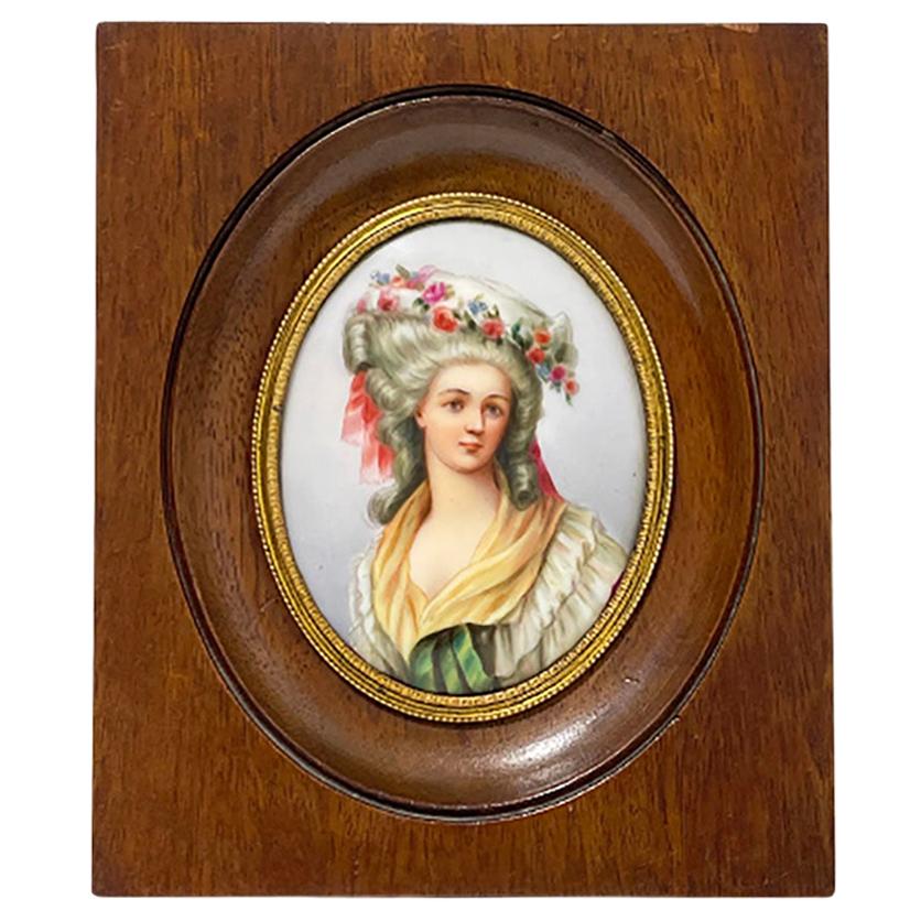 Miniature Framed Portrait of a Lady Painted on Porcelain For Sale