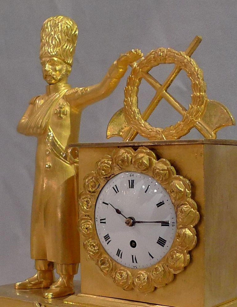 Early 19th Century Miniature French Empire Ormolu Mantel Clock of Soldier For Sale