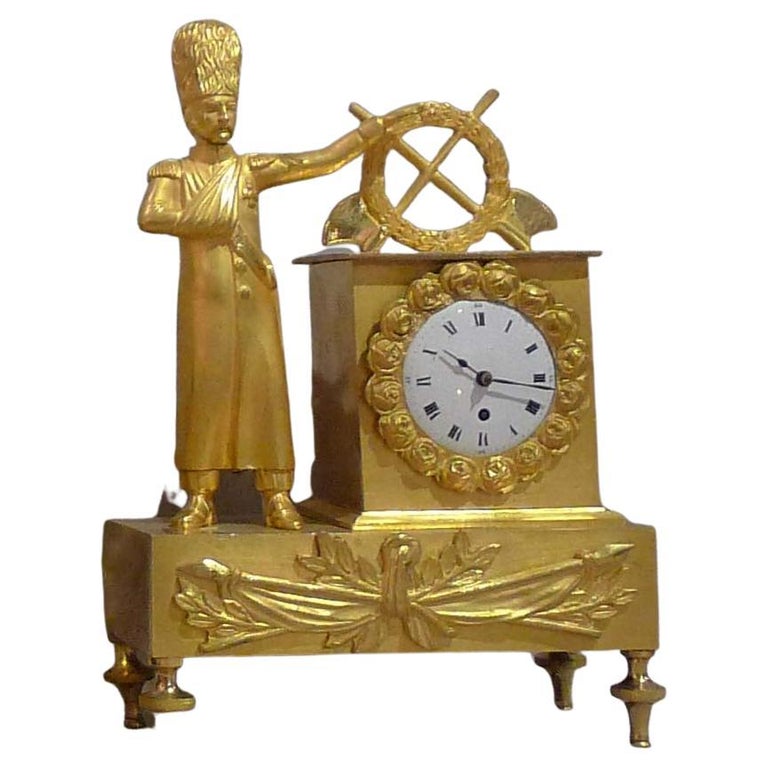 Miniature French Empire Ormolu Mantel Clock of Soldier For Sale