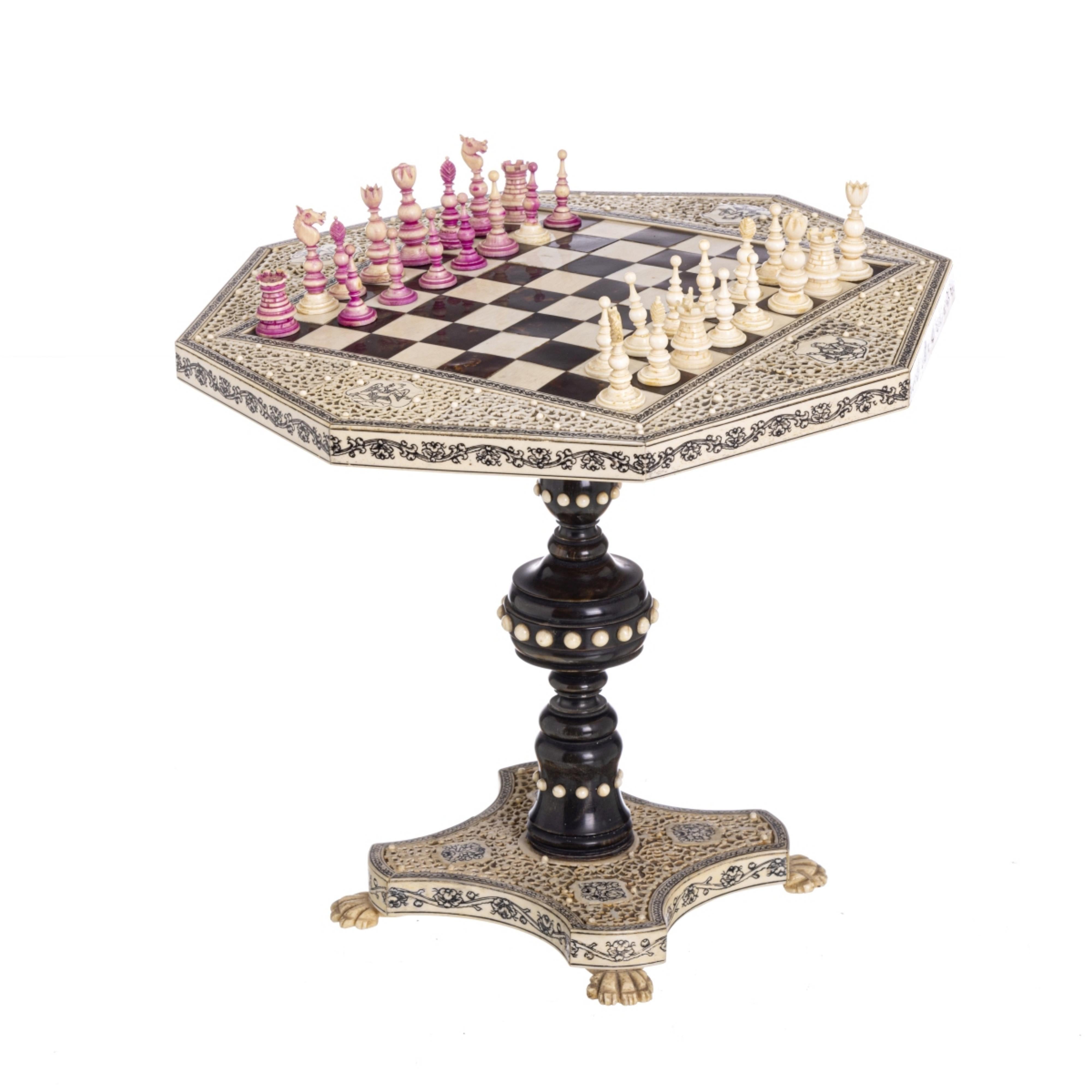 Wood MINIATURE GAME TABLE WITH CHESS PIECES  19th Century Anglo-Indian  For Sale