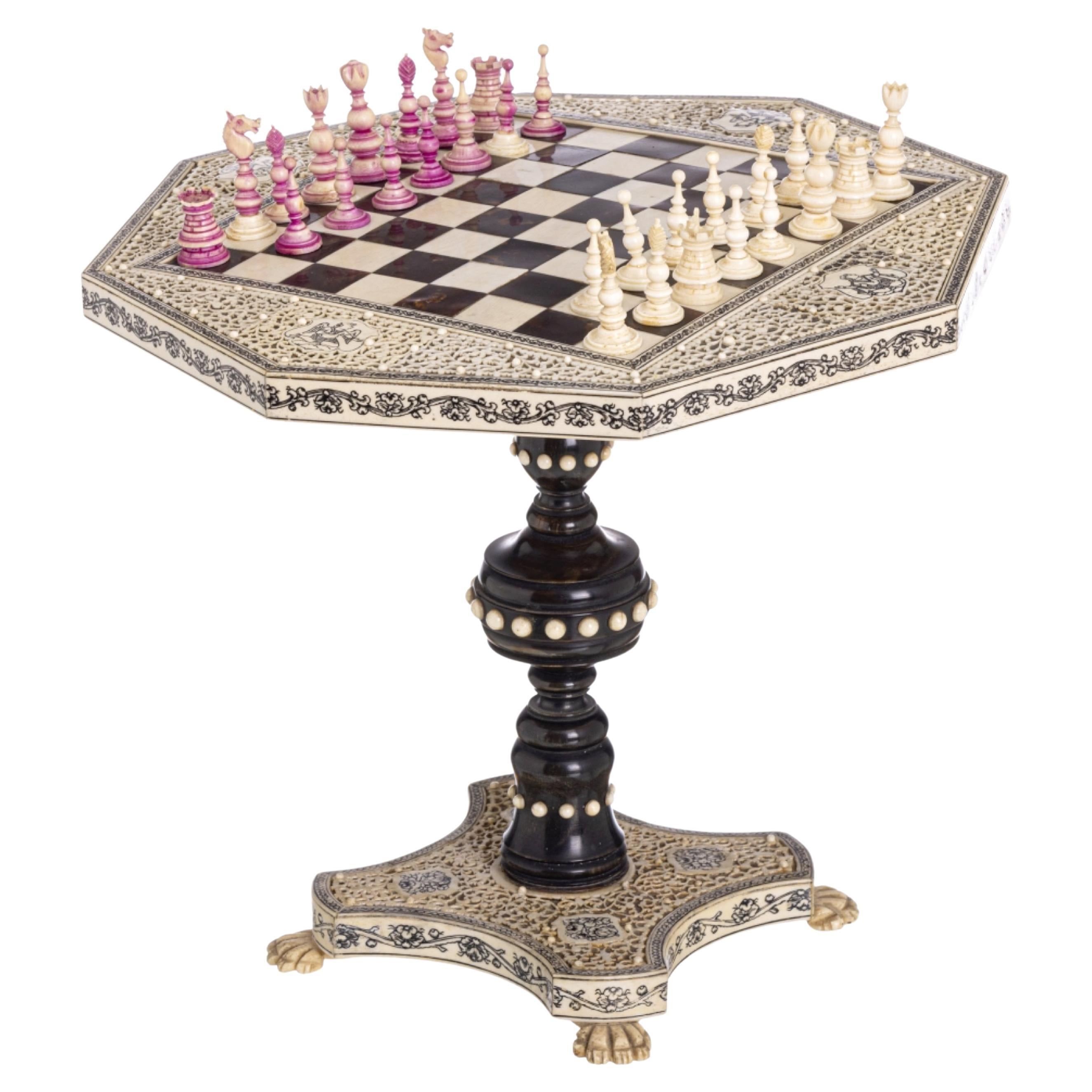 MINIATURE GAME TABLE WITH CHESS PIECES  19th Century Anglo-Indian  For Sale