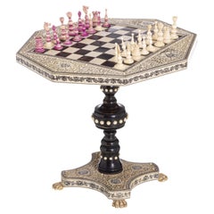MINIATURE GAME TABLE WITH CHESS PIECES  19th Century Anglo-Indian 