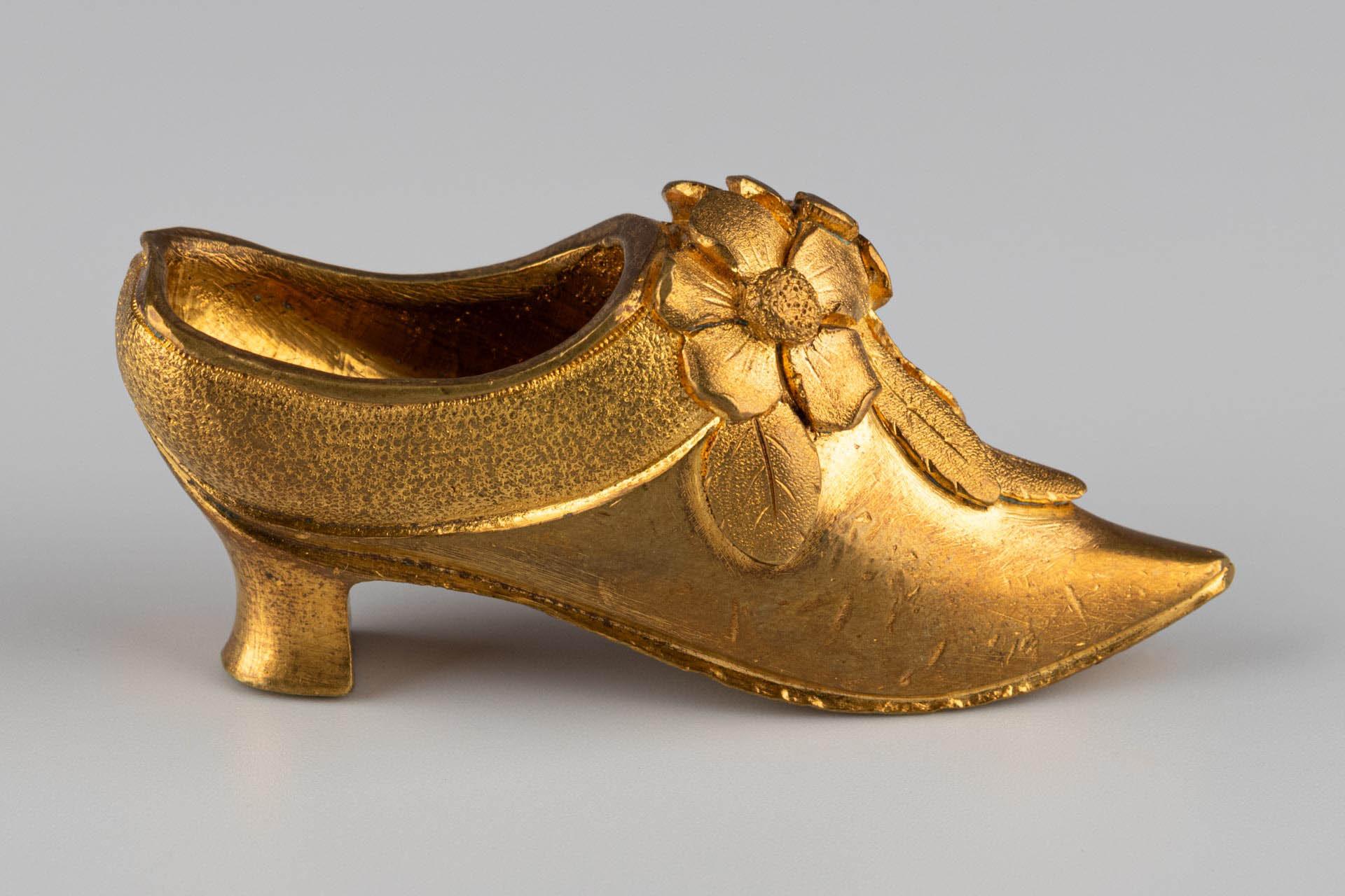 French Miniature Gilt Bronze high-heeled shoe, circa 1890 For Sale