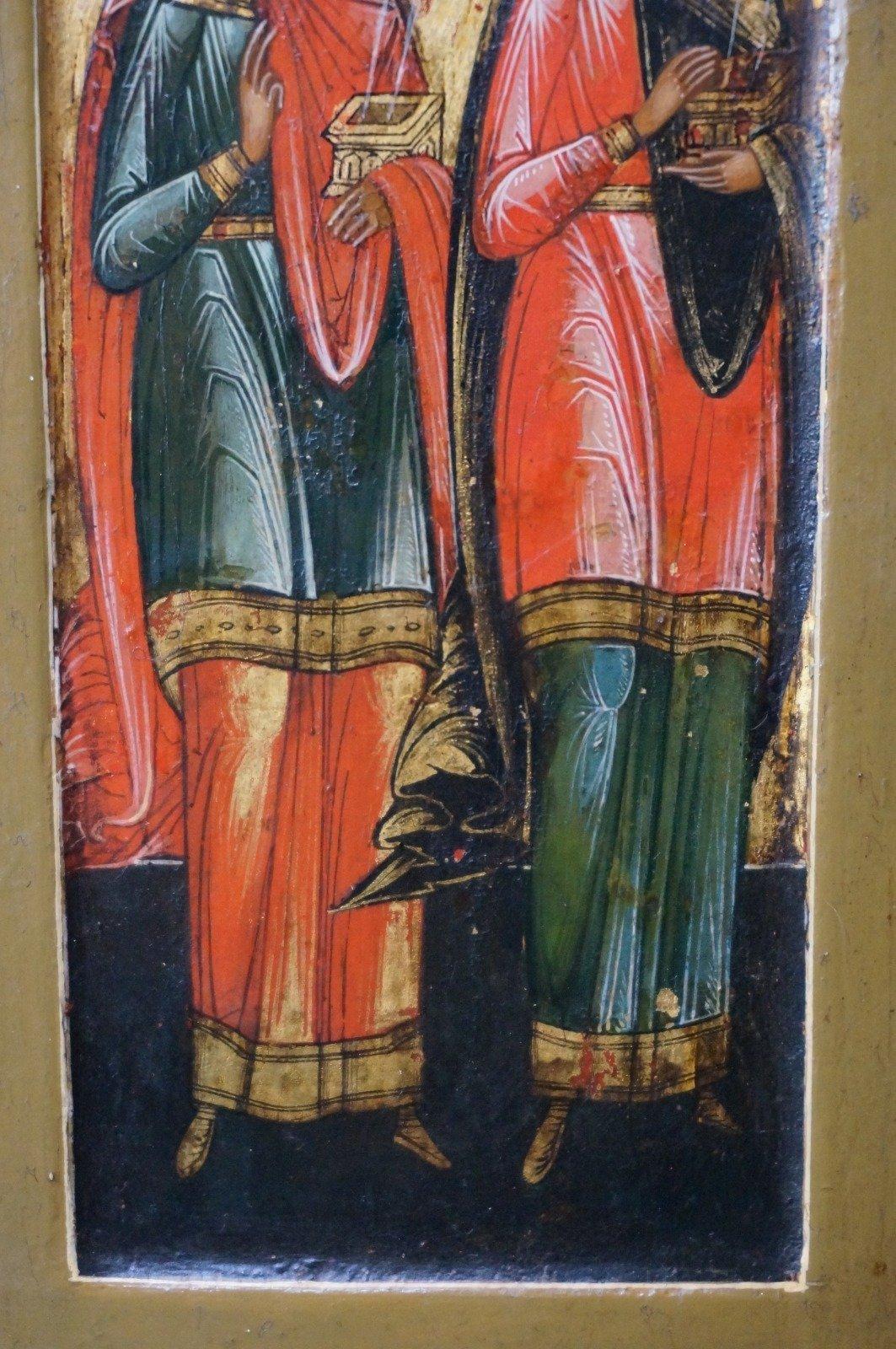 Miniatur-Ikone, die die Zwillingsbrüder und Ärzte Cosmas und Damian darstellt, 19. Jh. (Russisch) im Angebot