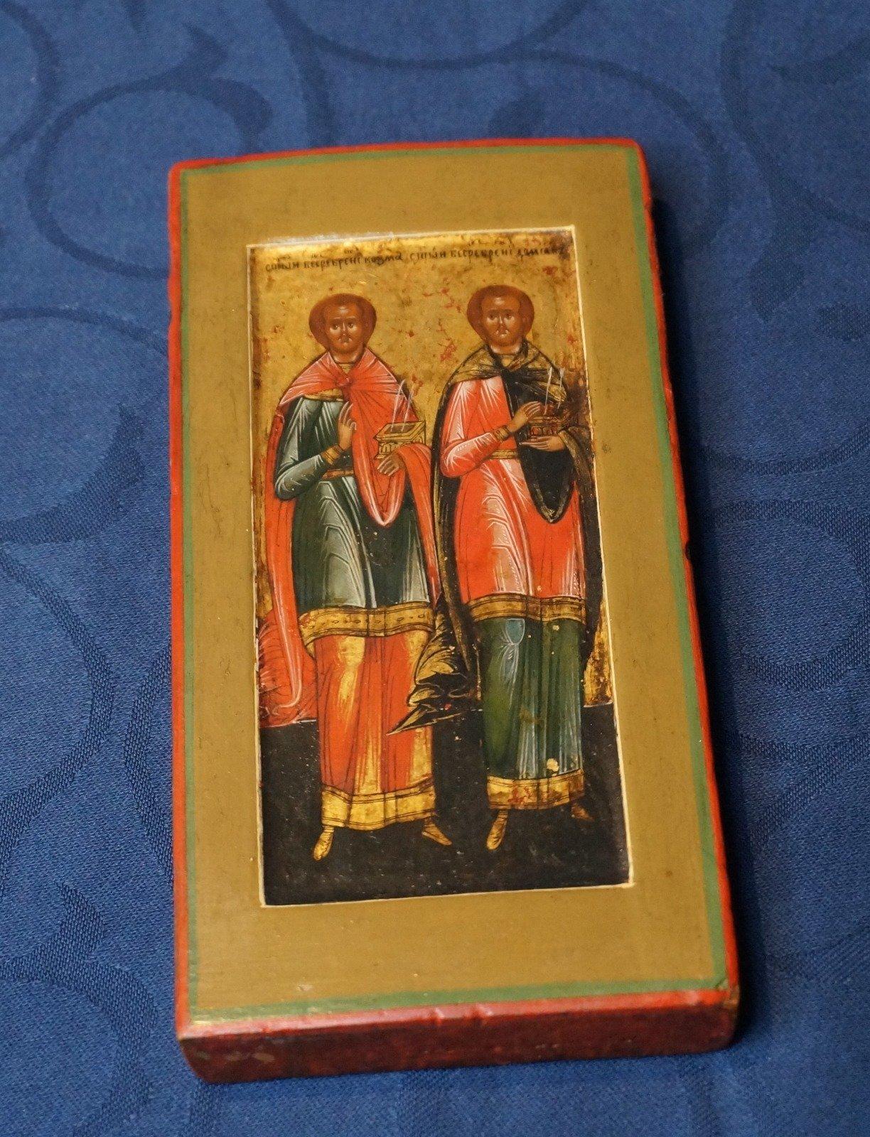 Russian Miniature icon depicting twin brothers and physicians Cosmas and Damian, 19th c. For Sale