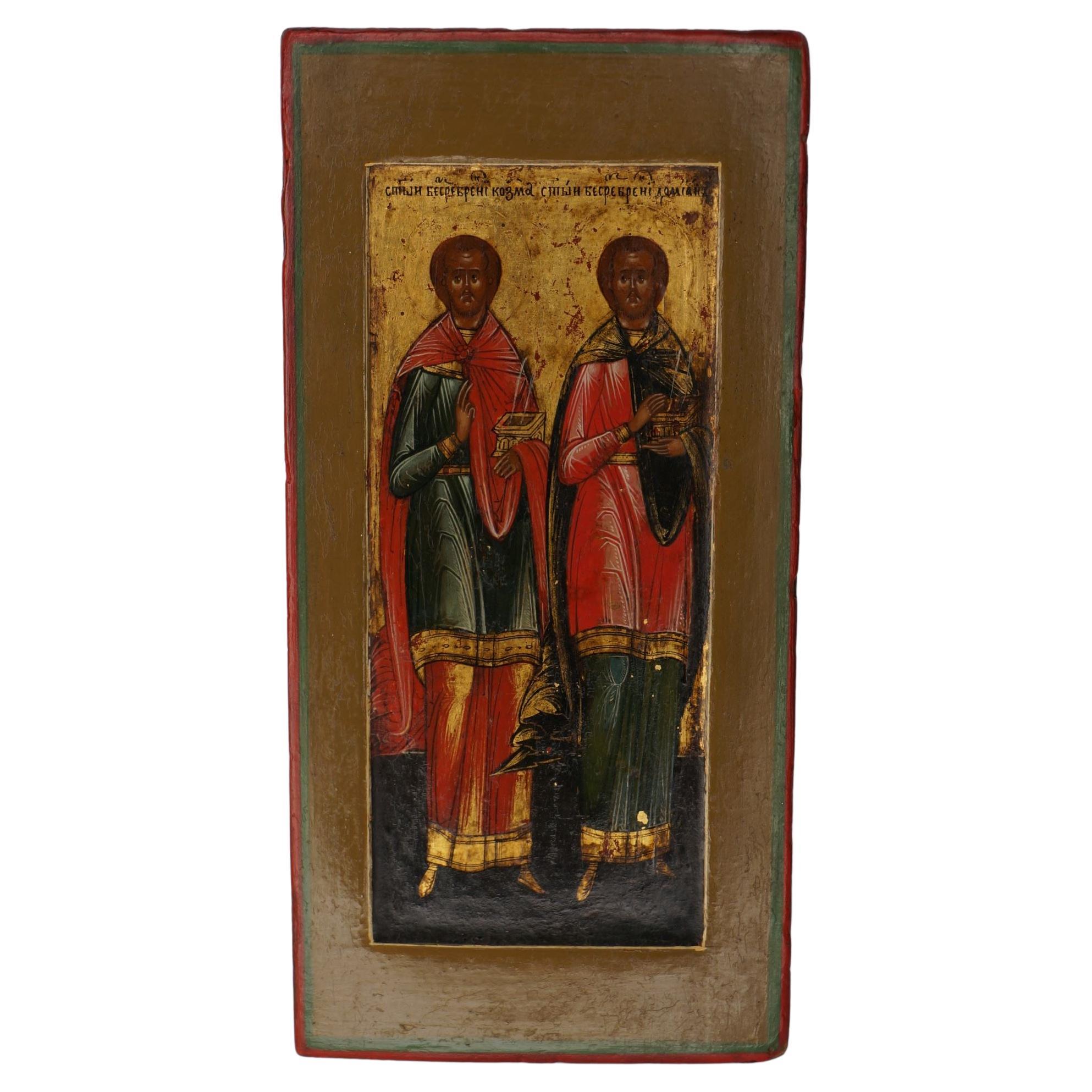 Wood Miniature icon depicting twin brothers and physicians Cosmas and Damian, 19th c. For Sale