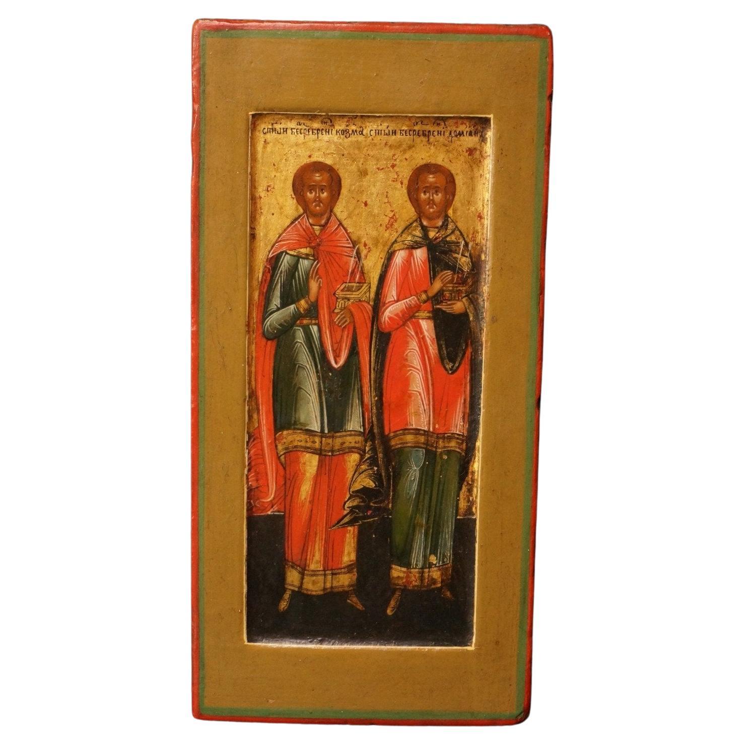 Miniature icon depicting twin brothers and physicians Cosmas and Damian, 19th c. For Sale