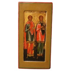 Miniatur-Ikone, die die Zwillingsbrüder und Ärzte Cosmas und Damian darstellt, 19. Jh.