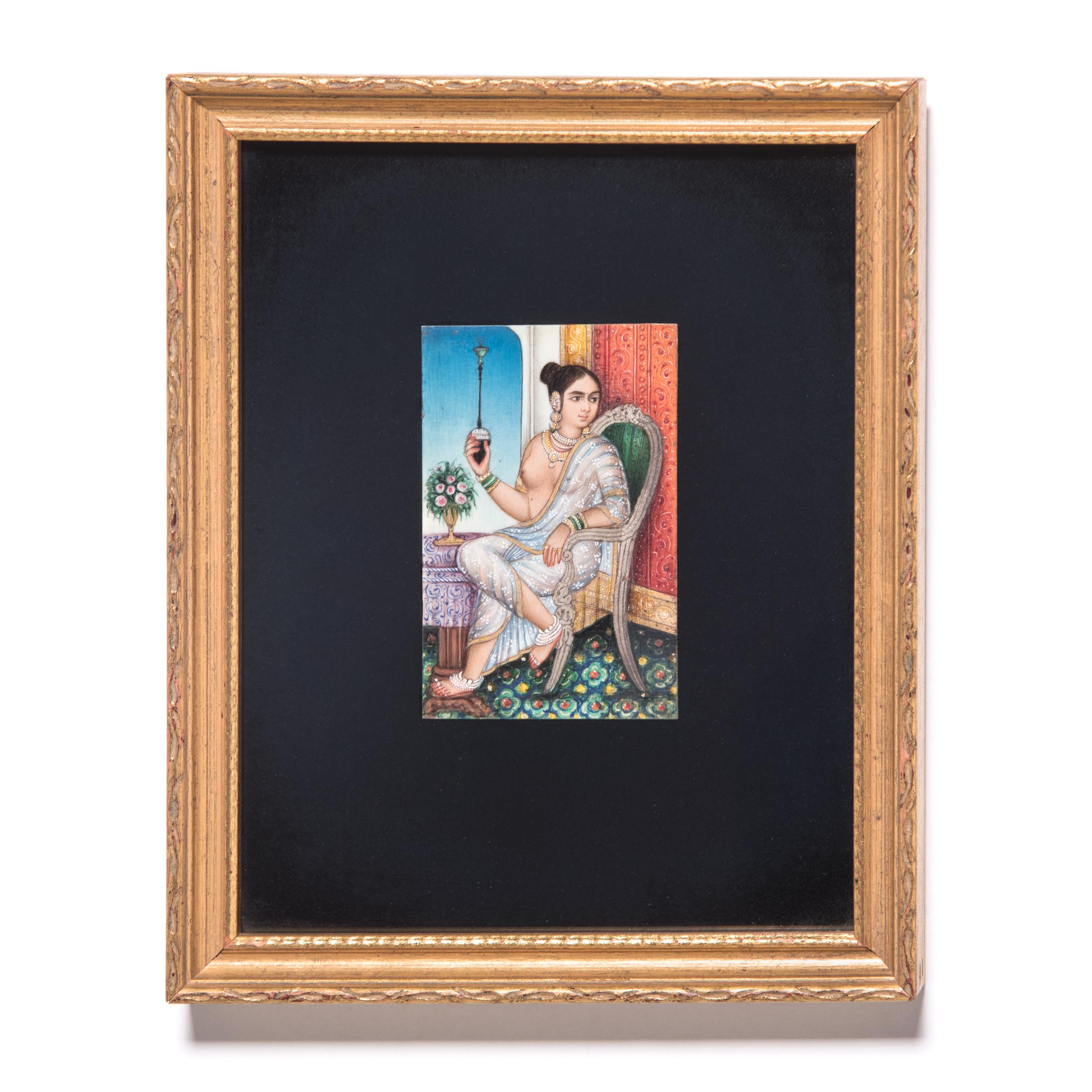19th Century Miniature Indian Portrait of a Woman Painted on Bone, circa 1850