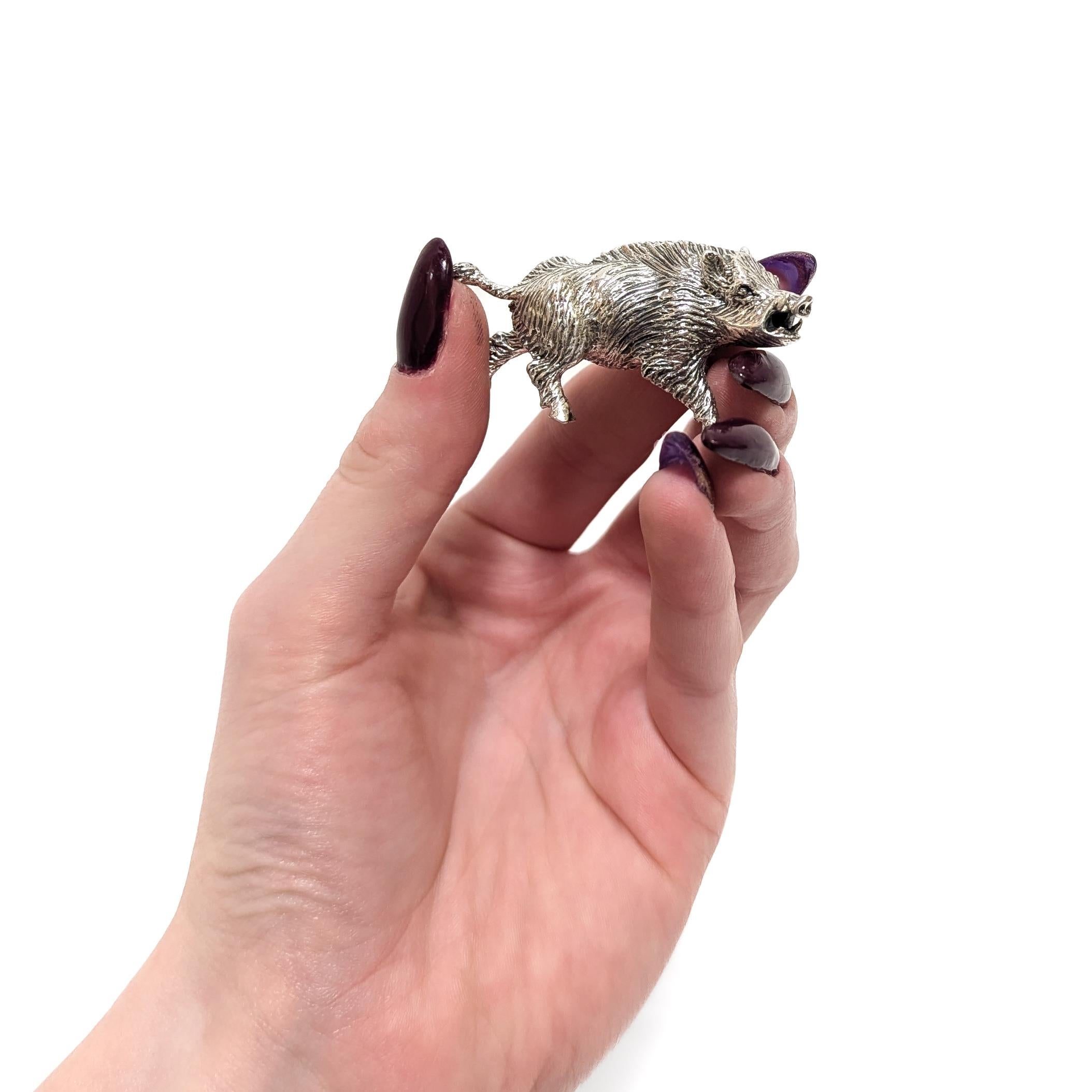 A fine vintage Italian miniature figurine.

In .800 fine silver.

By Pietro Sorini of Arezzo, Italy.

In the form of a snaggle-toothed wild boar. The boar's posture and open mouth suggest aggression.

Marked to the underside with Italian