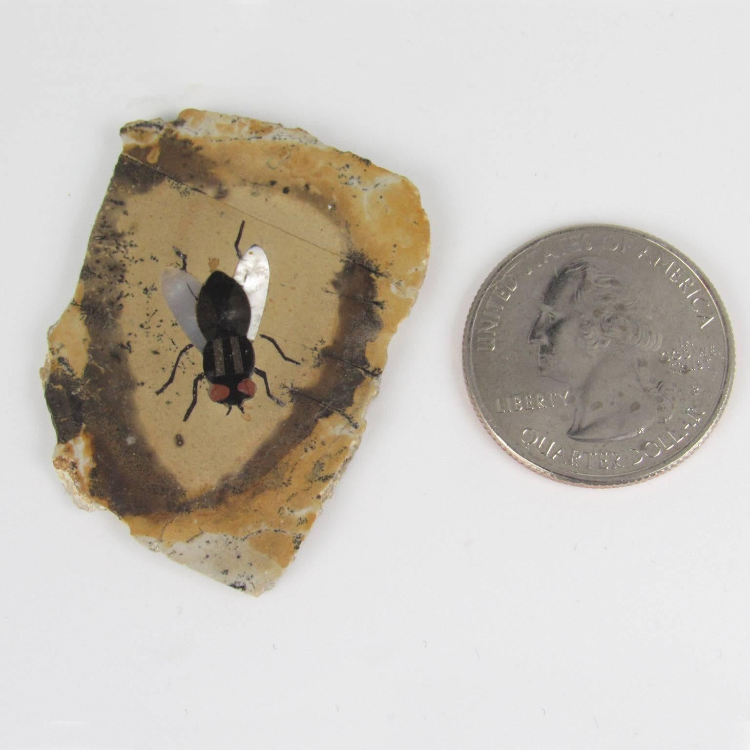 Miniature Italian Pietra Dura fly plaque. Measure: 1 5/8 x 1 1/4 inches.