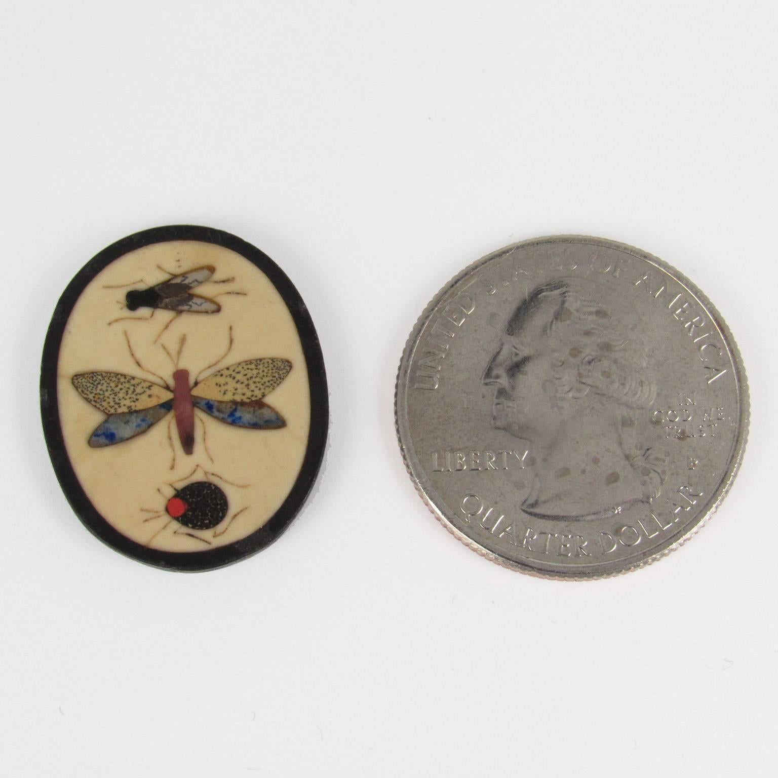 Miniature Italian Pietra Dura insect plaque. Oval with a fly, mosquito and ladybug. Measure: 7/8 x 3/4 inches.