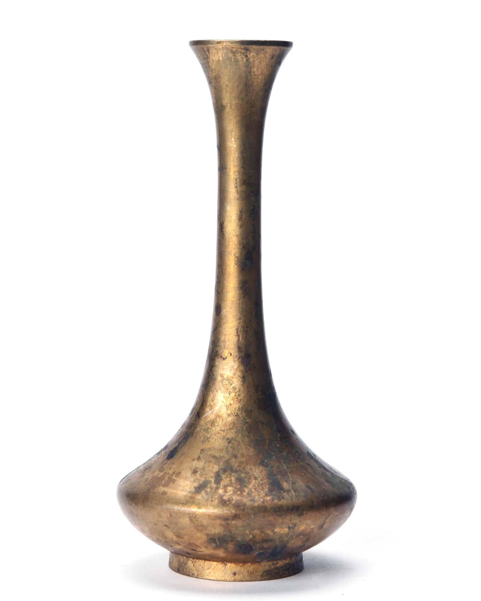 Classic Japanese bud vase with one of a kind aged gold over bronze finish. Mottling is created with chemicals & heat.