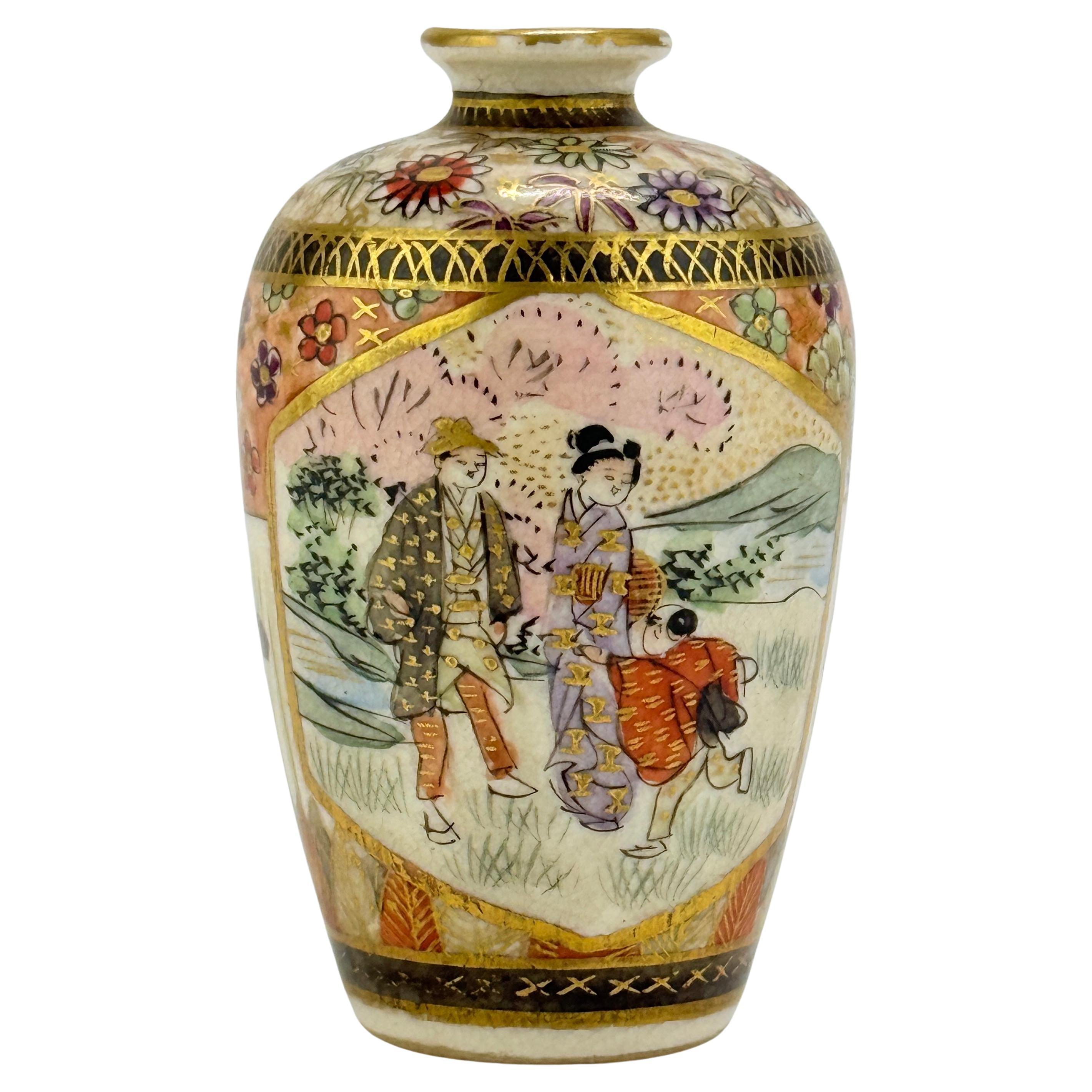 Miniature Japanese Satsuma Porcelain Cabinet Vase - Signed, Meiji Era