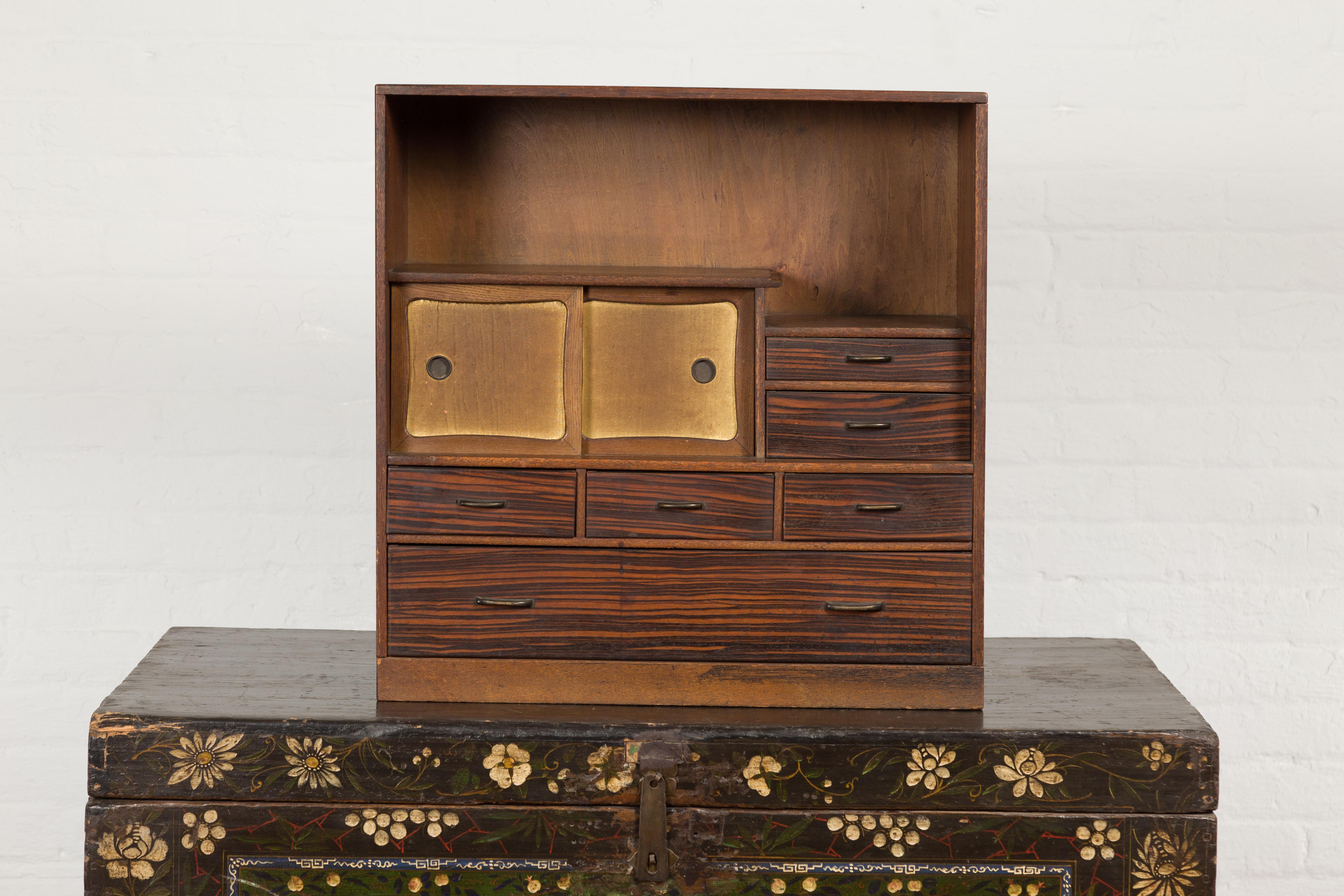 20th Century Miniature Japanese Taishō Period Zebra Wood Tansu Chest with Sliding Doors For Sale
