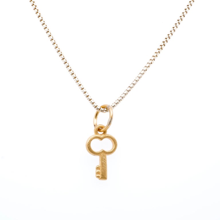 Miniature Key Charm Pendant Necklace, 24kt Solid Gold For Sale at 1stDibs