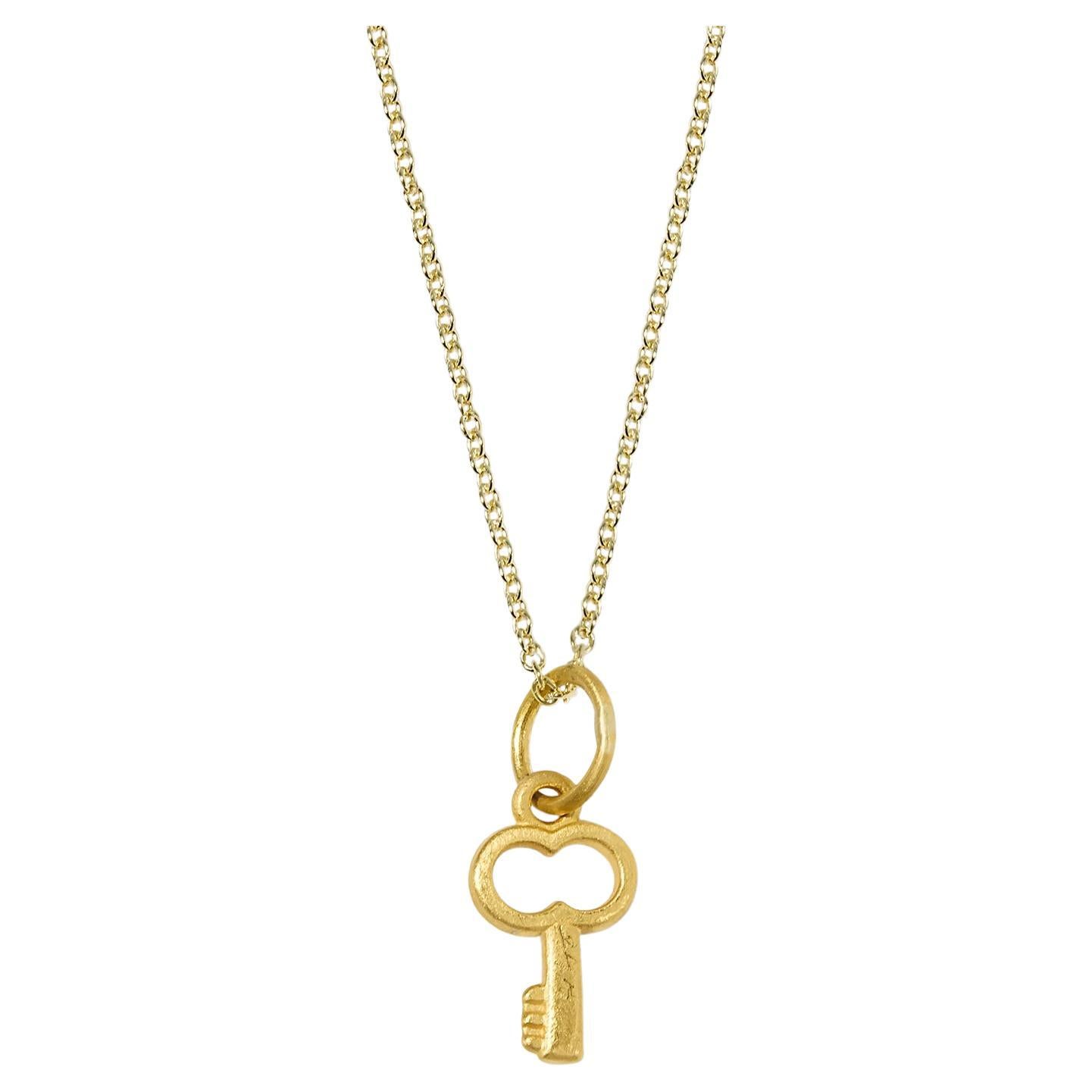 Miniature Key Charm Pendant Necklace, 24kt Solid Gold For Sale
