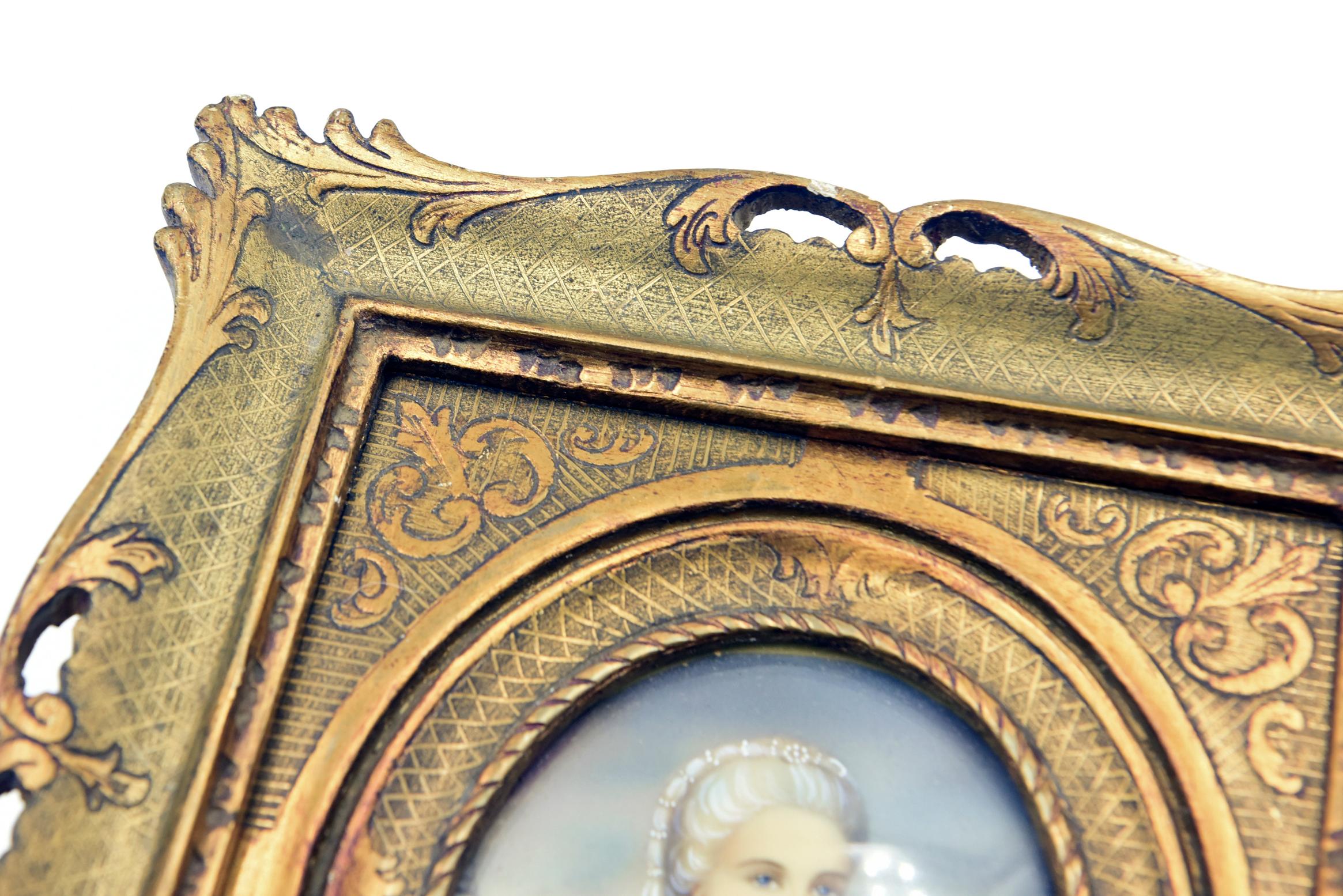 Miniature Lady Portrait by Ruby Hand Painted on Celluloid in Giltwood Frame In Good Condition In Miami Beach, FL