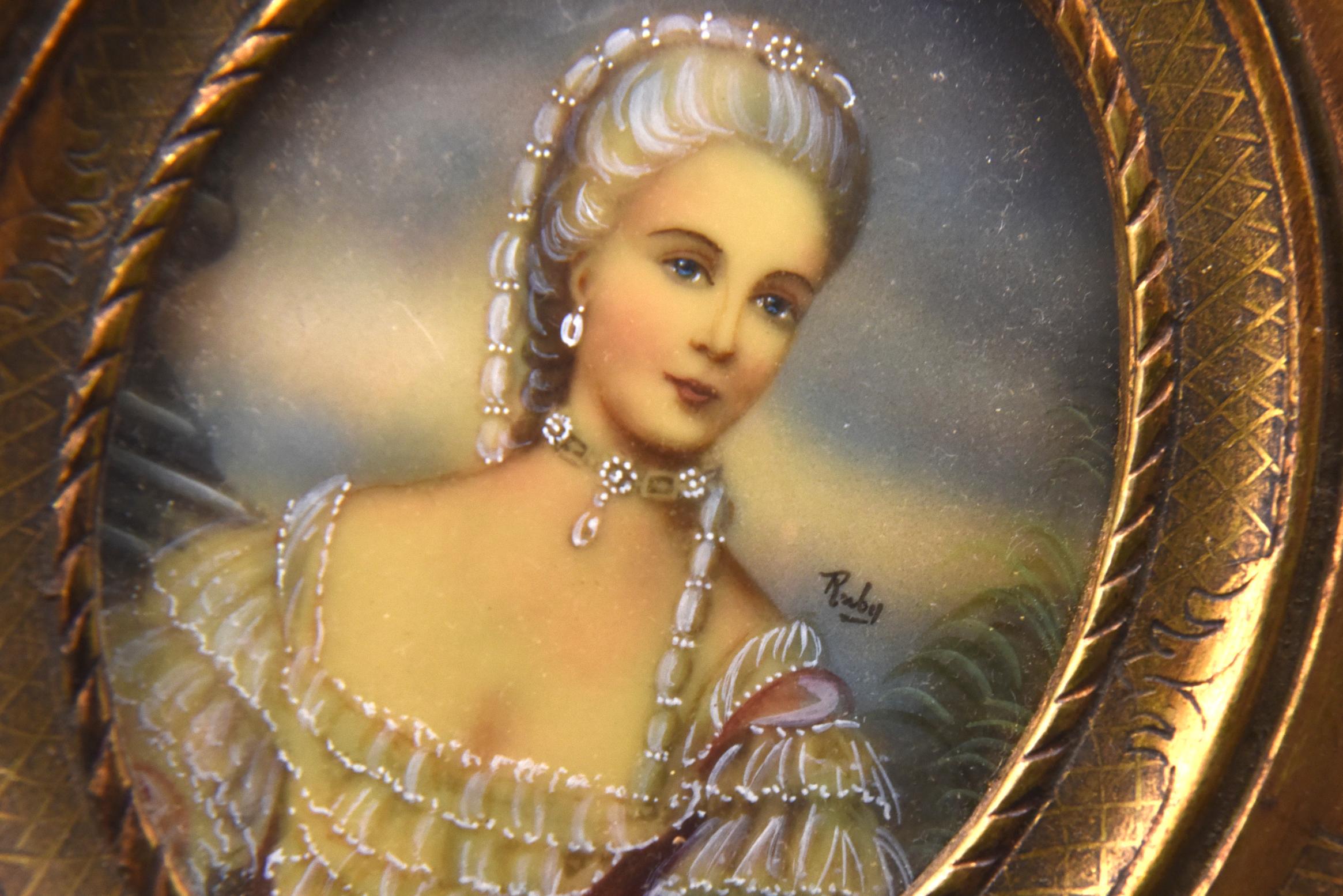 Miniature Lady Portrait by Ruby Hand Painted on Celluloid in Giltwood Frame 1
