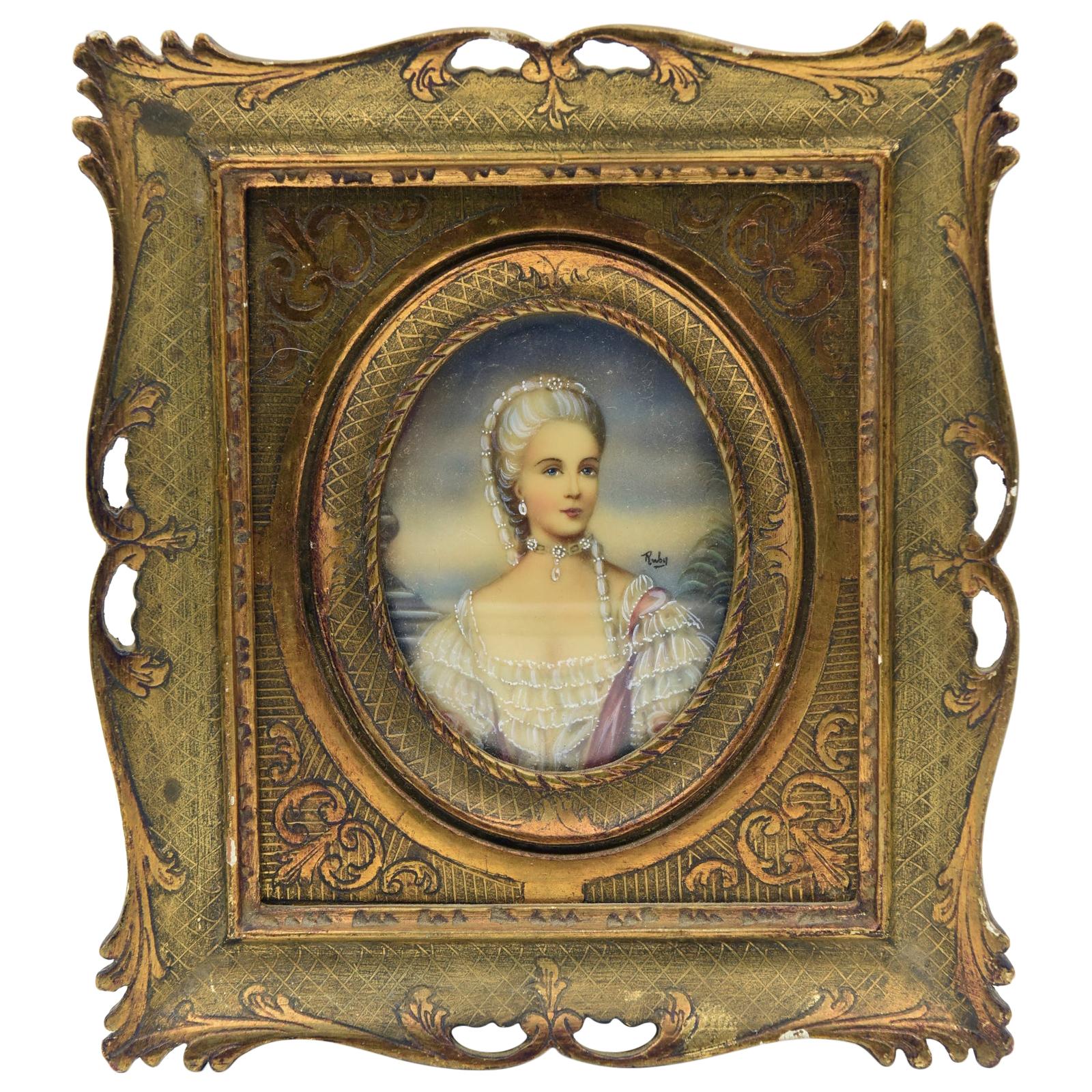 Miniature Lady Portrait by Ruby Hand Painted on Celluloid in Giltwood Frame