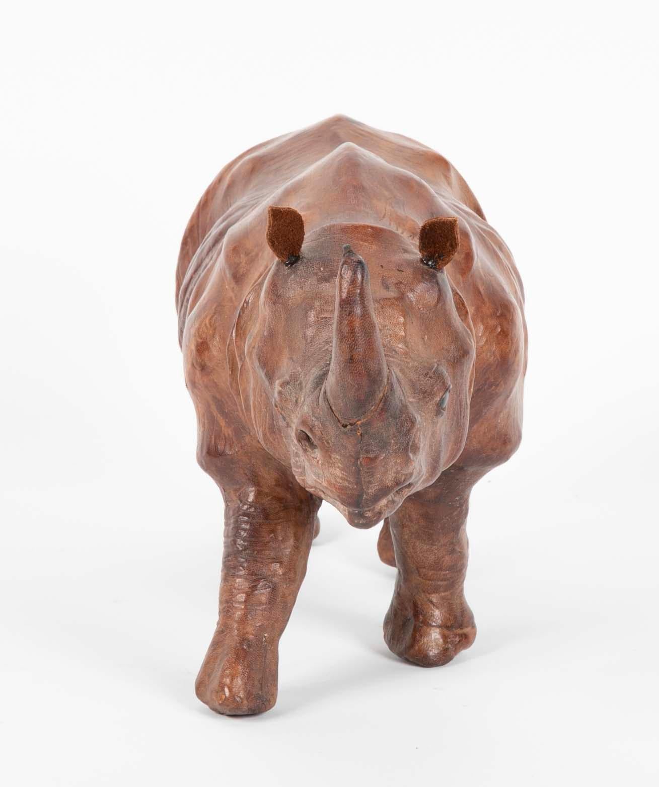 Mid-Century Modern Miniature Leather Rhinoceros with Glass Eyes