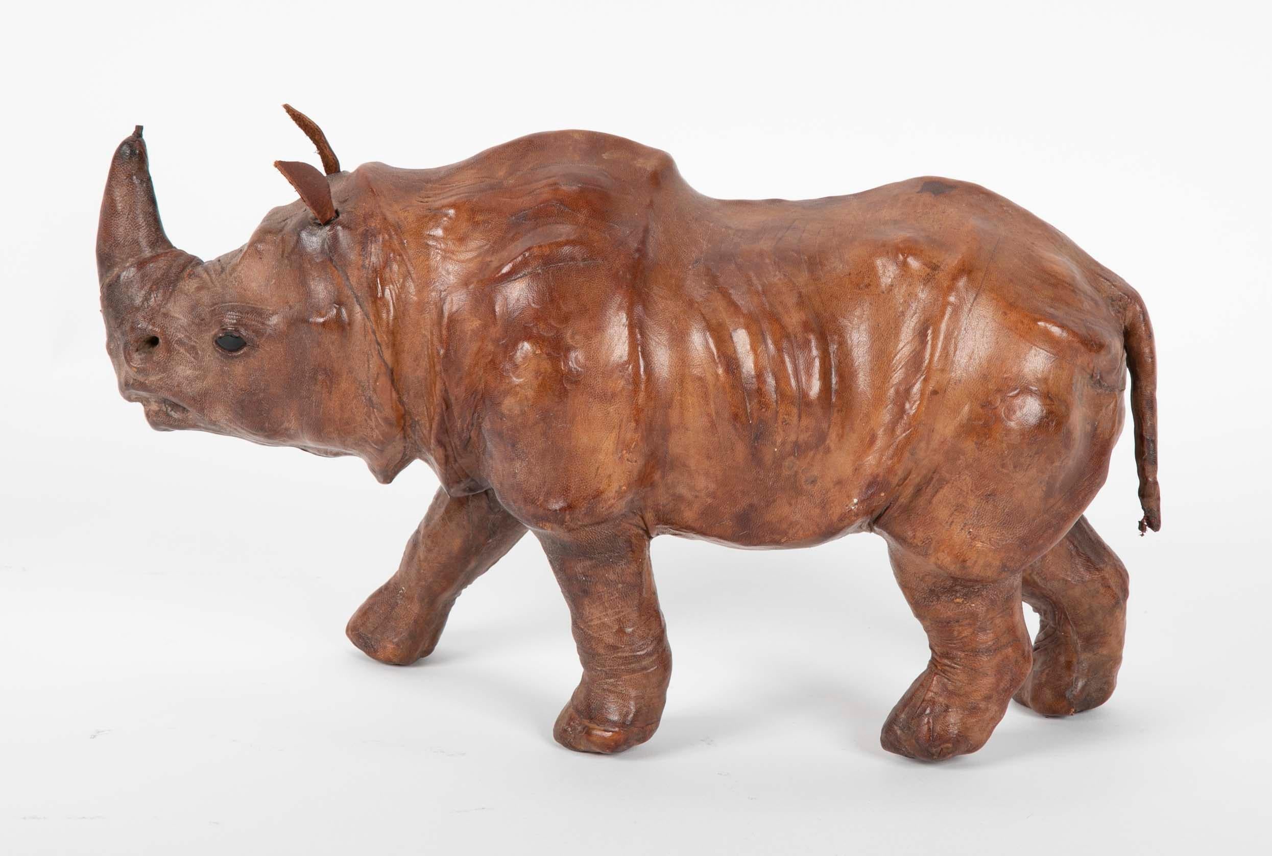 Miniature Leather Rhinoceros with Glass Eyes In Good Condition In Stamford, CT