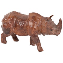 Vintage Miniature Leather Rhinoceros with Glass Eyes