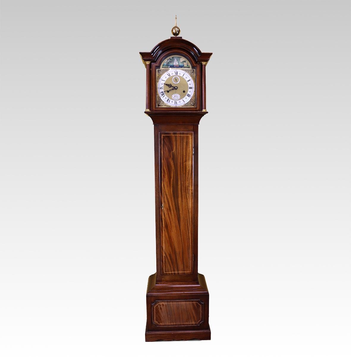 Made by one of the last great english clock makers working in a traditional manner. This miniature longcase has an eight day weight driven movement with an automaton rocking ship in the top arch of the dial (see video). 

The case is made of