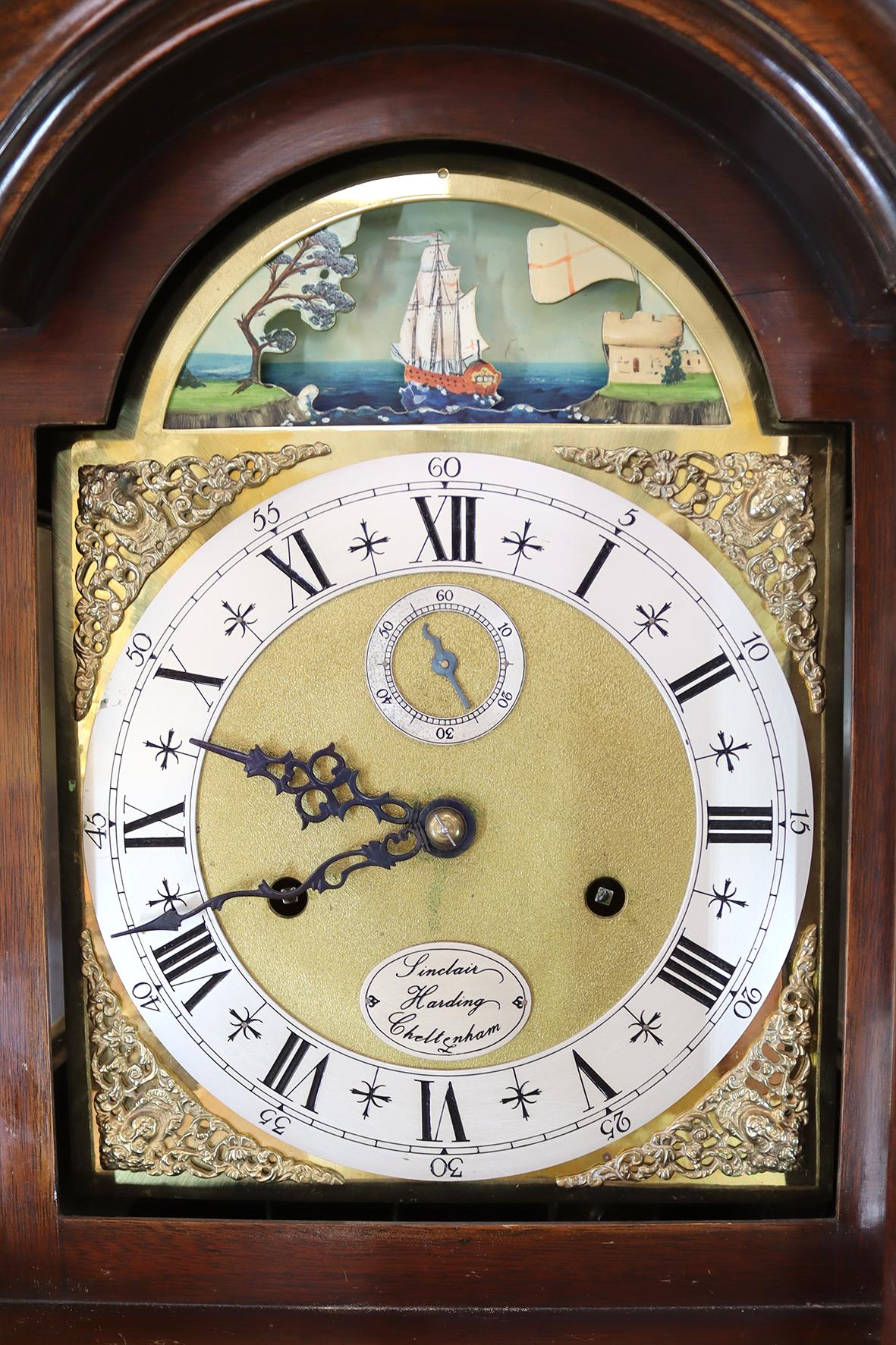 George III Miniature Longcase Rocking Ship Clock by Sinclair Harding. For Sale