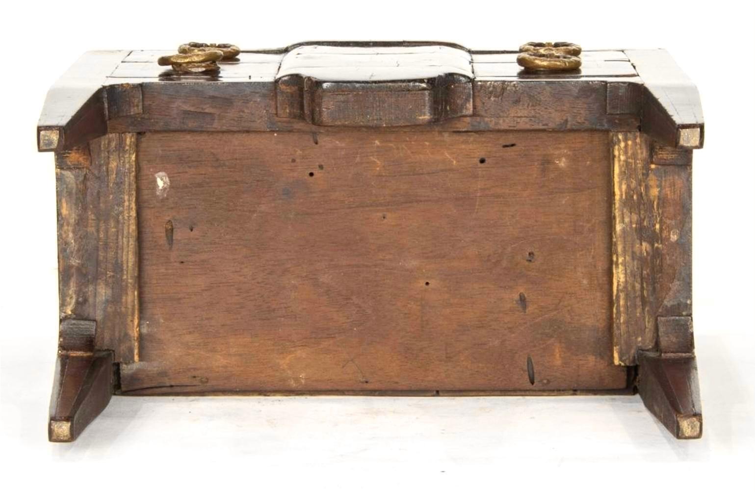 Early 19th century miniature Louis XVI style inlaid decorative chest with marble top. Small chest has two drawers with ornamental brass hardware. Perfect as a unique trinket or jewelry box.