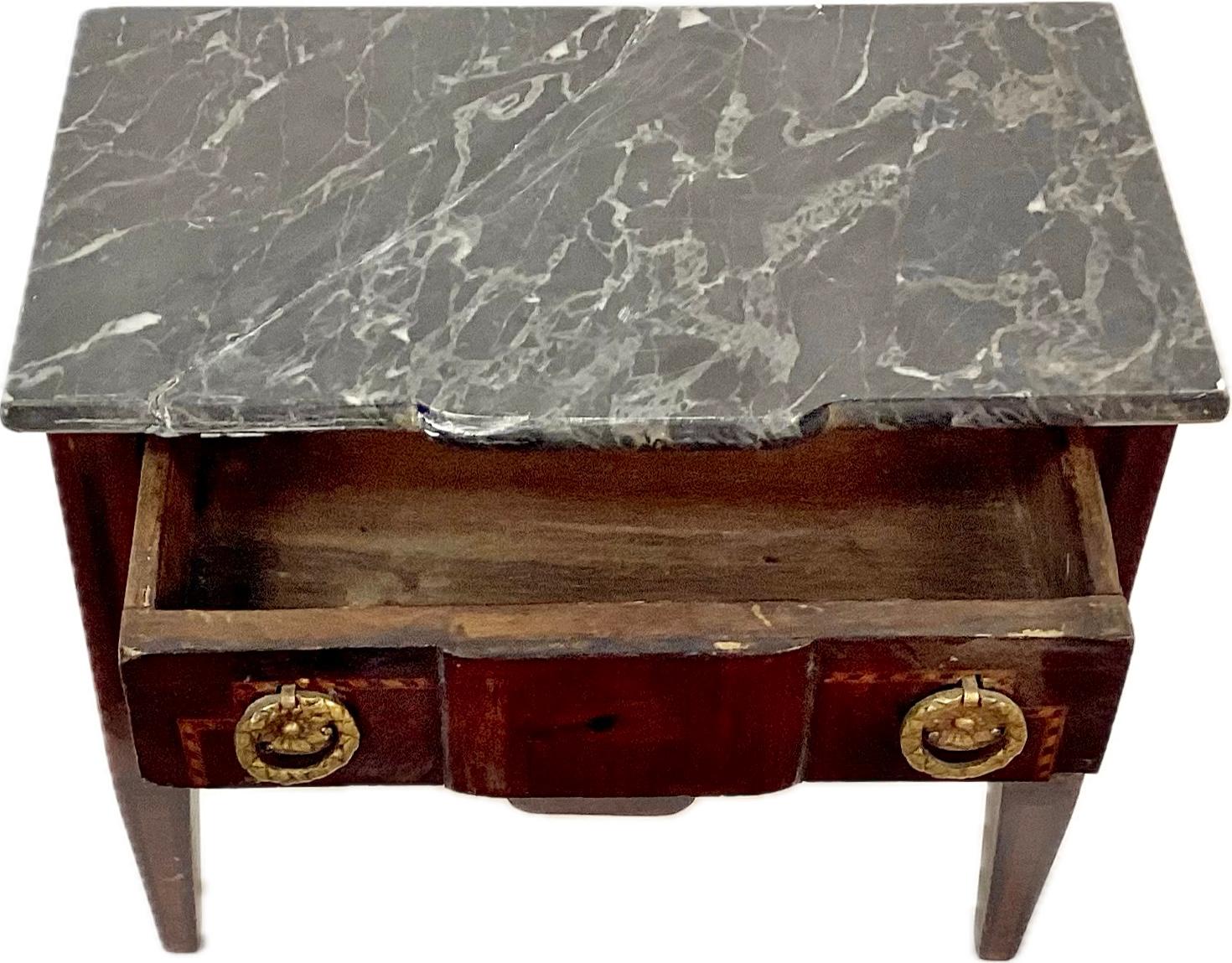 Louis XVI Miniature Louie XVI Style Inlaid Chest of Drawers With Marble Top For Sale