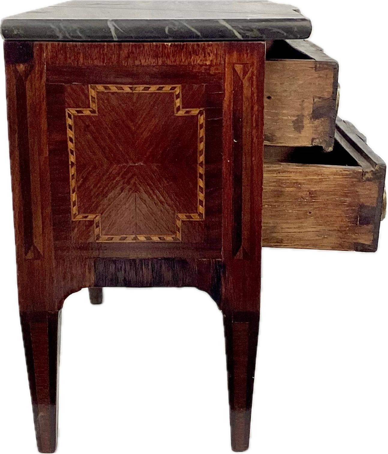 French Miniature Louie XVI Style Inlaid Chest of Drawers With Marble Top For Sale