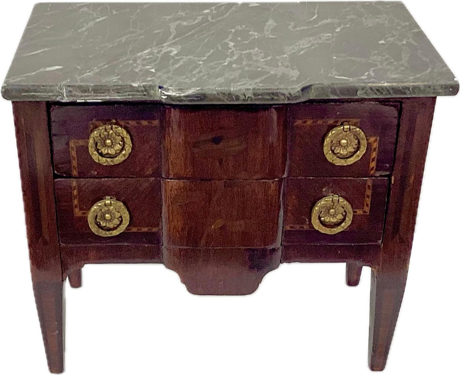 19th Century Miniature Louie XVI Style Inlaid Chest of Drawers With Marble Top For Sale