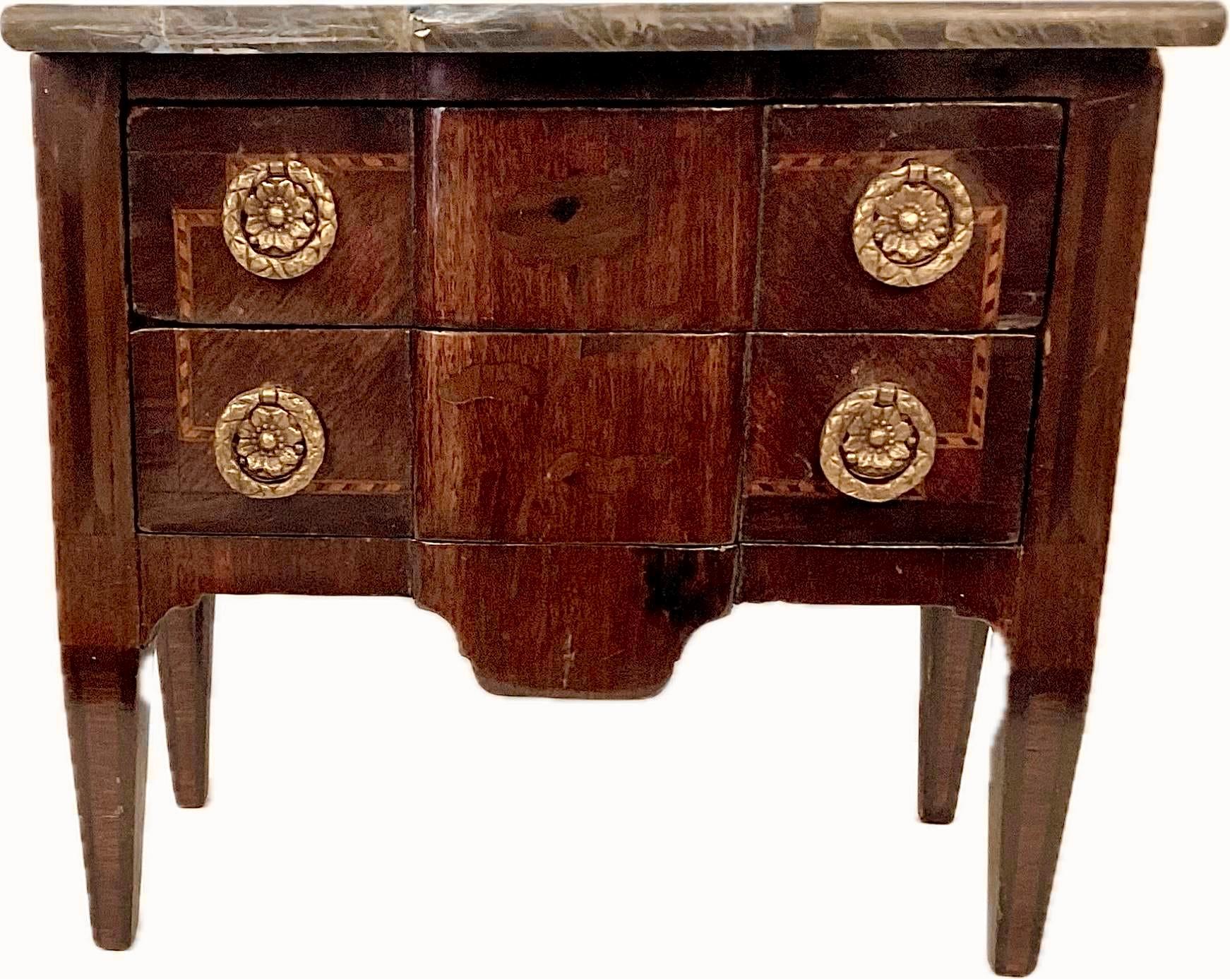 Wood Miniature Louie XVI Style Inlaid Chest of Drawers With Marble Top For Sale