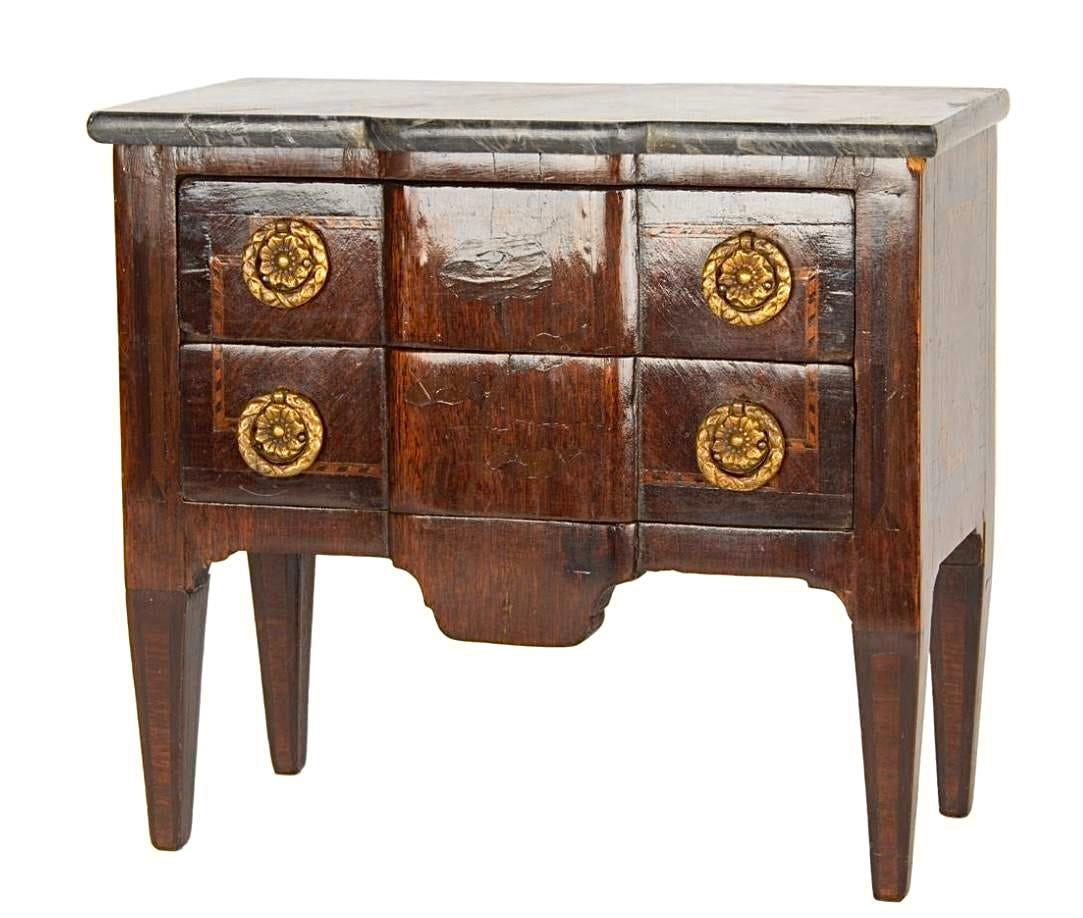 Miniature Louie XVI Style Inlaid Chest of Drawers With Marble Top For Sale