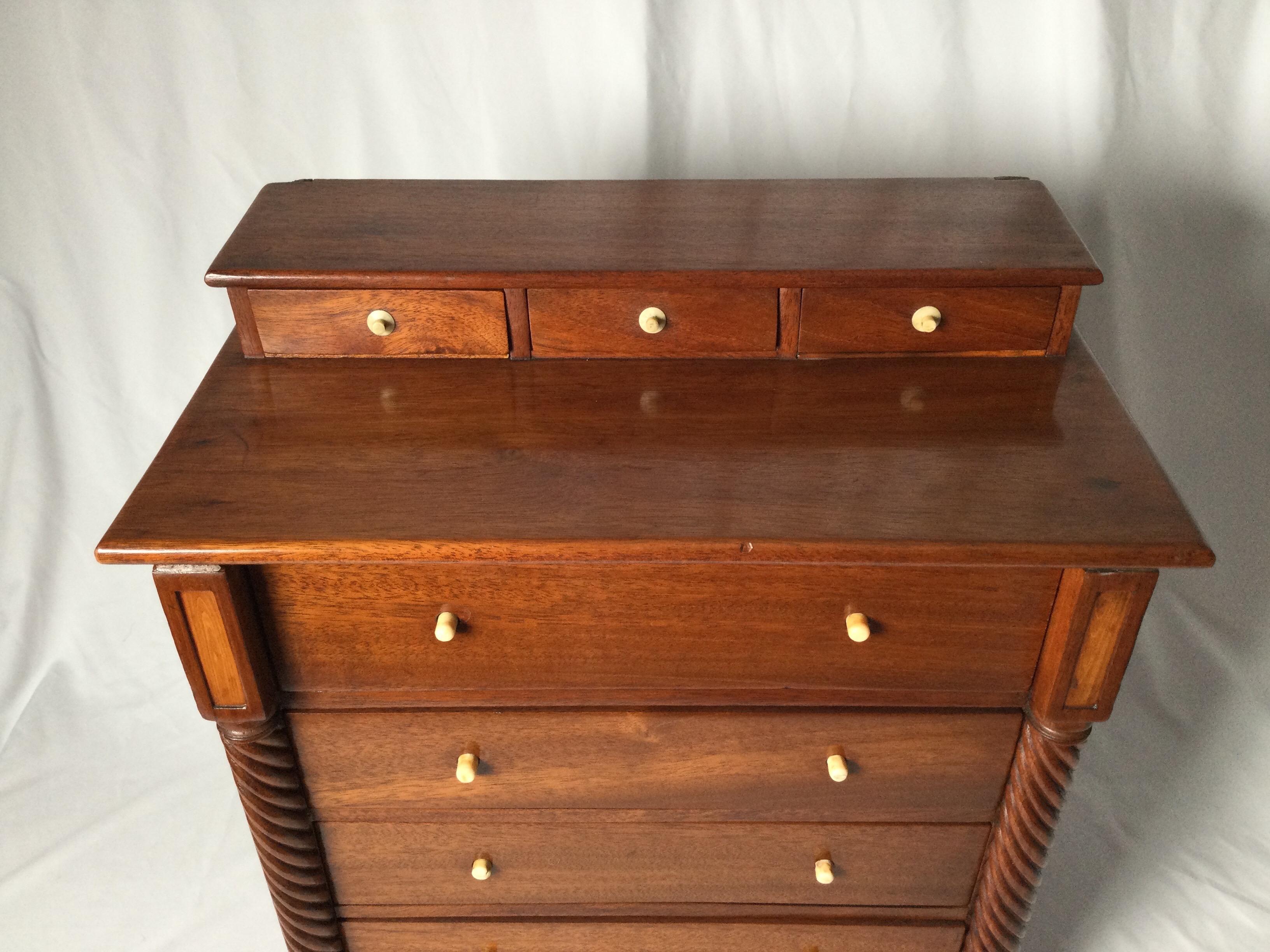 American Miniature Mahogany Four-Drawer Sheraton Chest with Rope Turned Front Legs