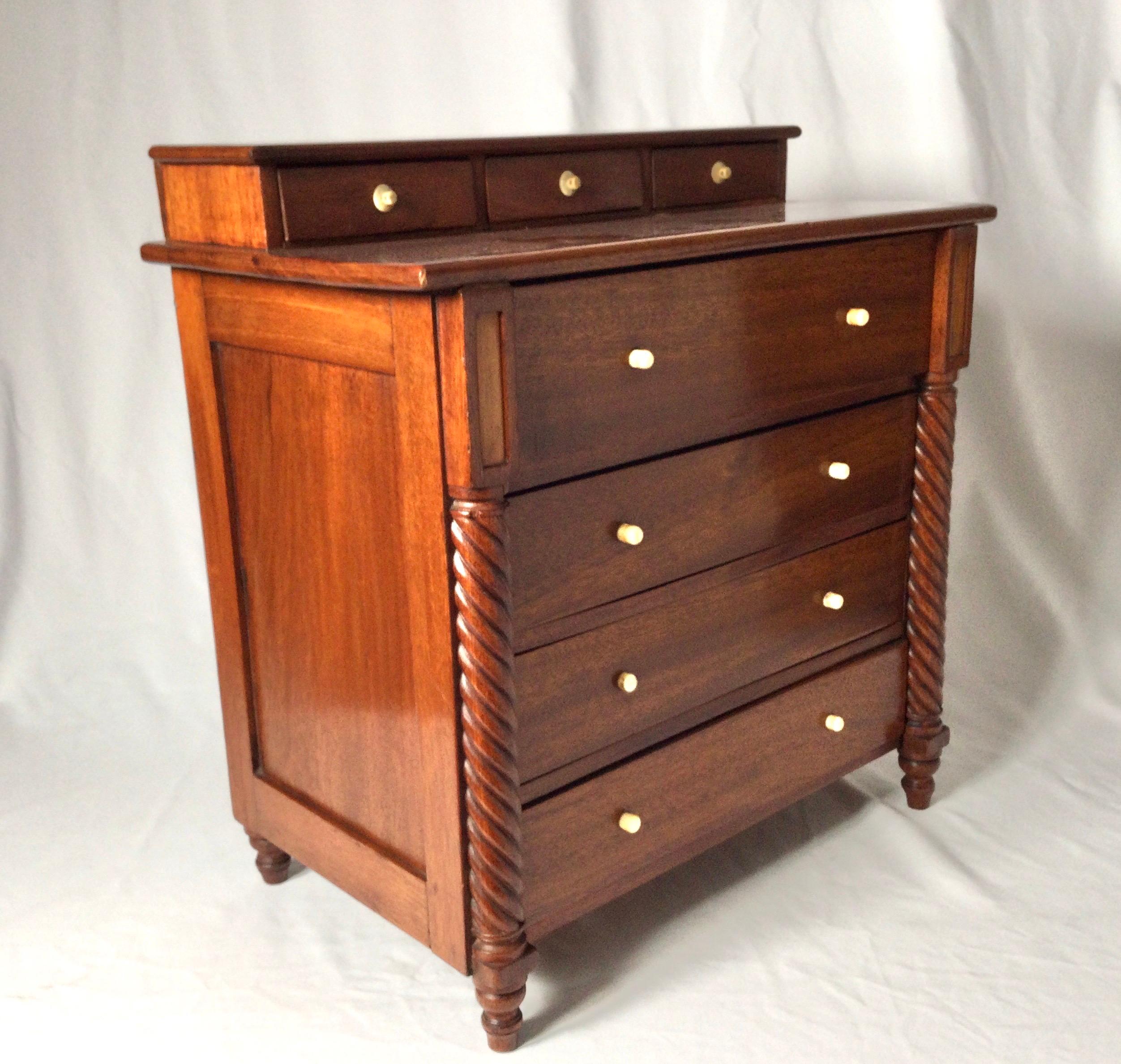 Mid-19th Century Miniature Mahogany Four-Drawer Sheraton Chest with Rope Turned Front Legs