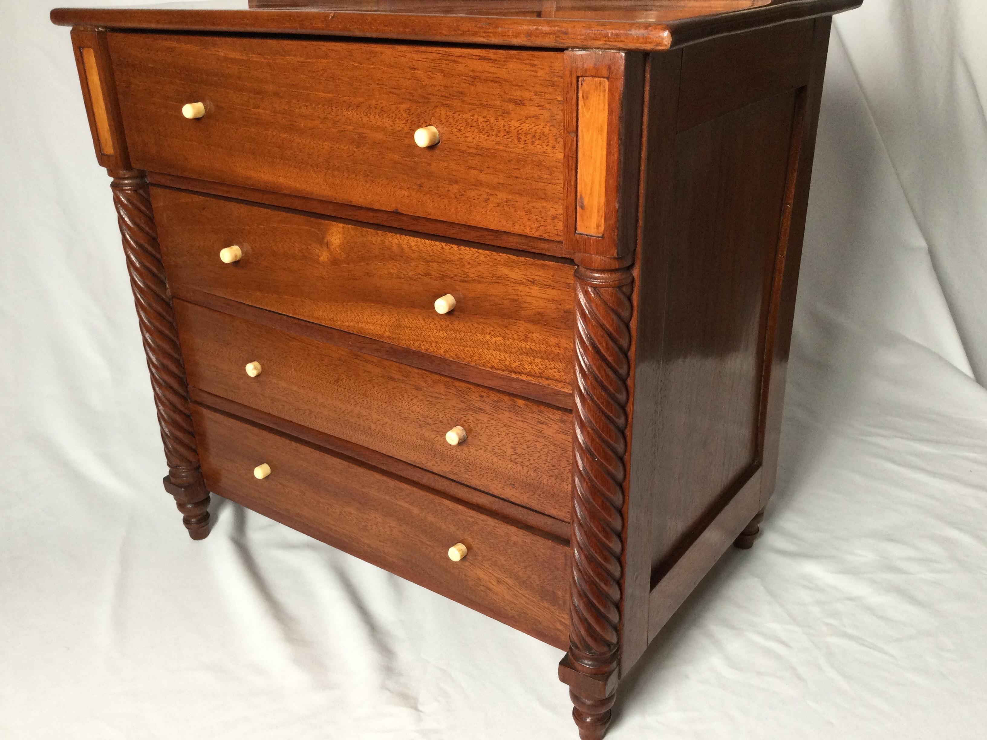 Miniature Mahogany Four-Drawer Sheraton Chest with Rope Turned Front Legs 2