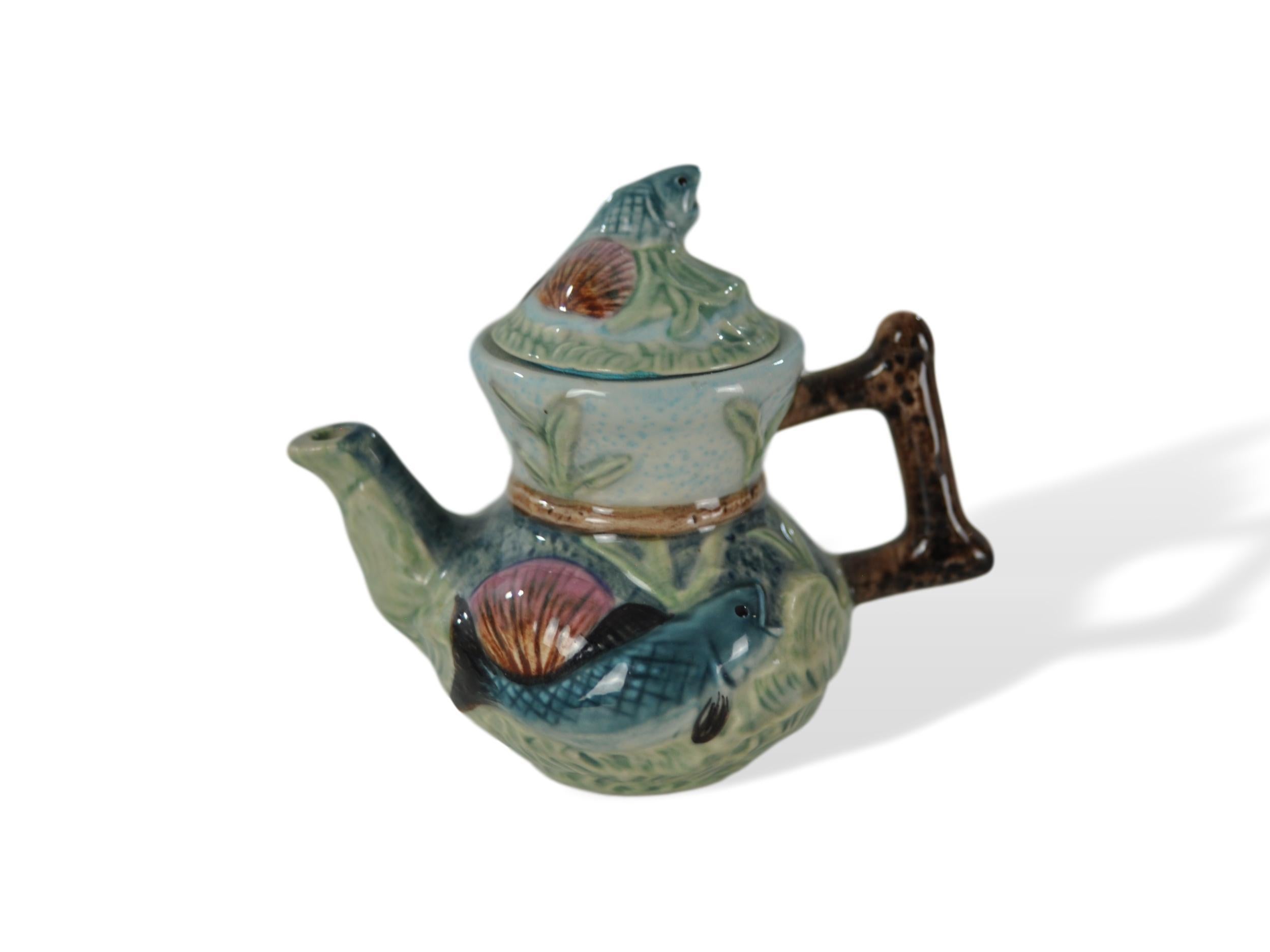 Fired Miniature Majolica-Glazed Porcelain Teapot Fish in Waves, English, circa 1920 For Sale