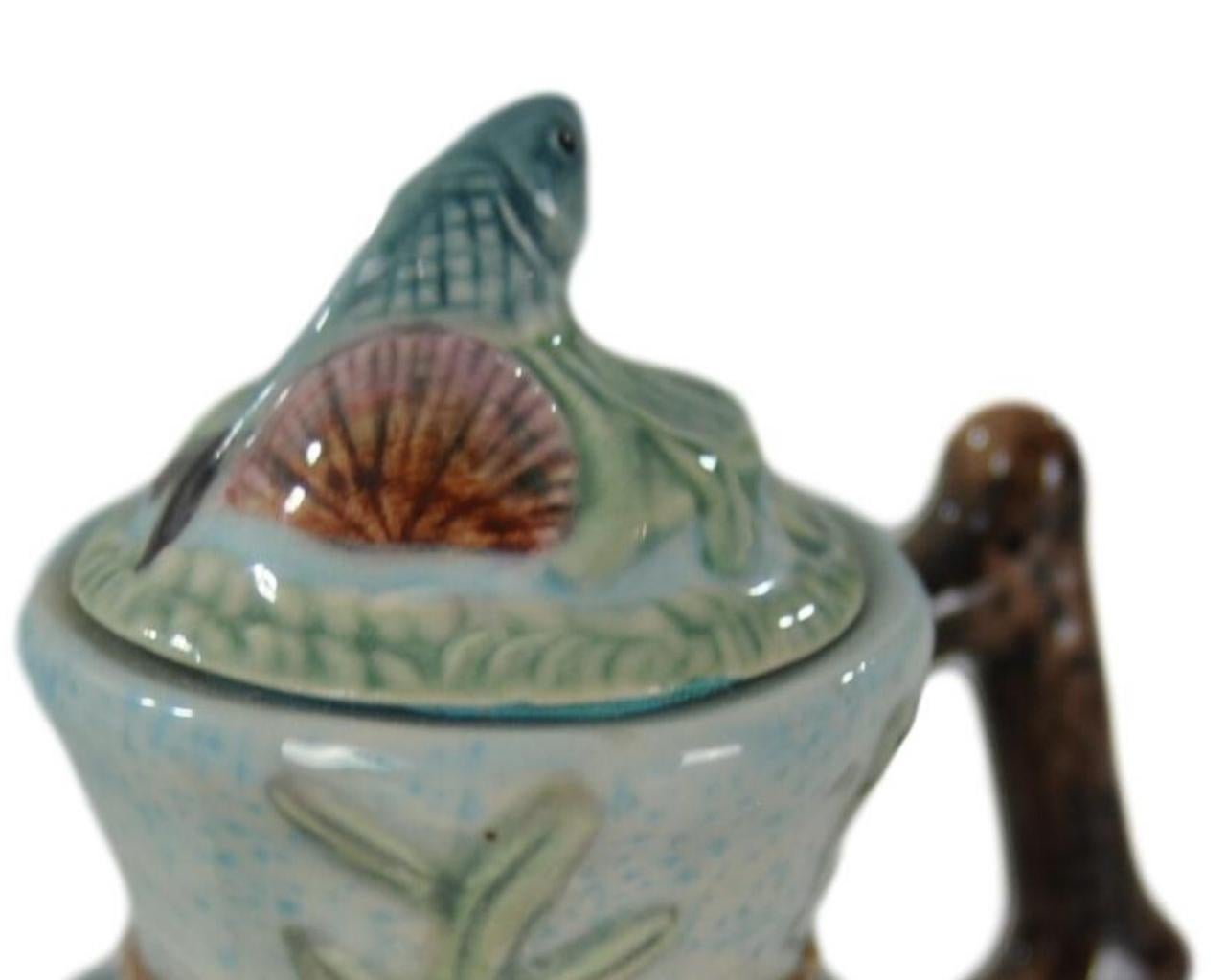 20th Century Miniature Majolica-Glazed Porcelain Teapot Fish in Waves, English, circa 1920 For Sale