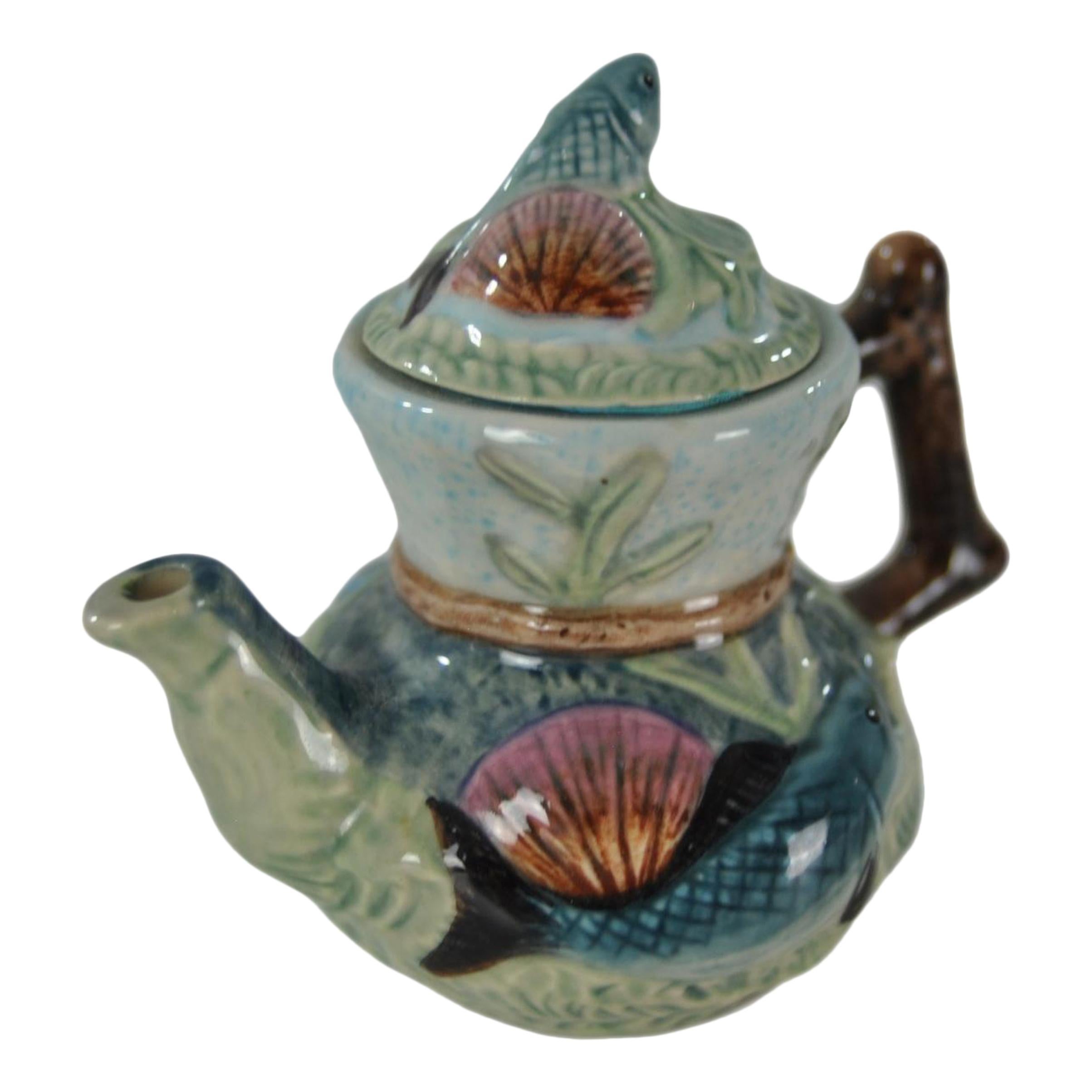 Miniature Majolica-Glazed Porcelain Teapot Fish in Waves, English, circa 1920 For Sale